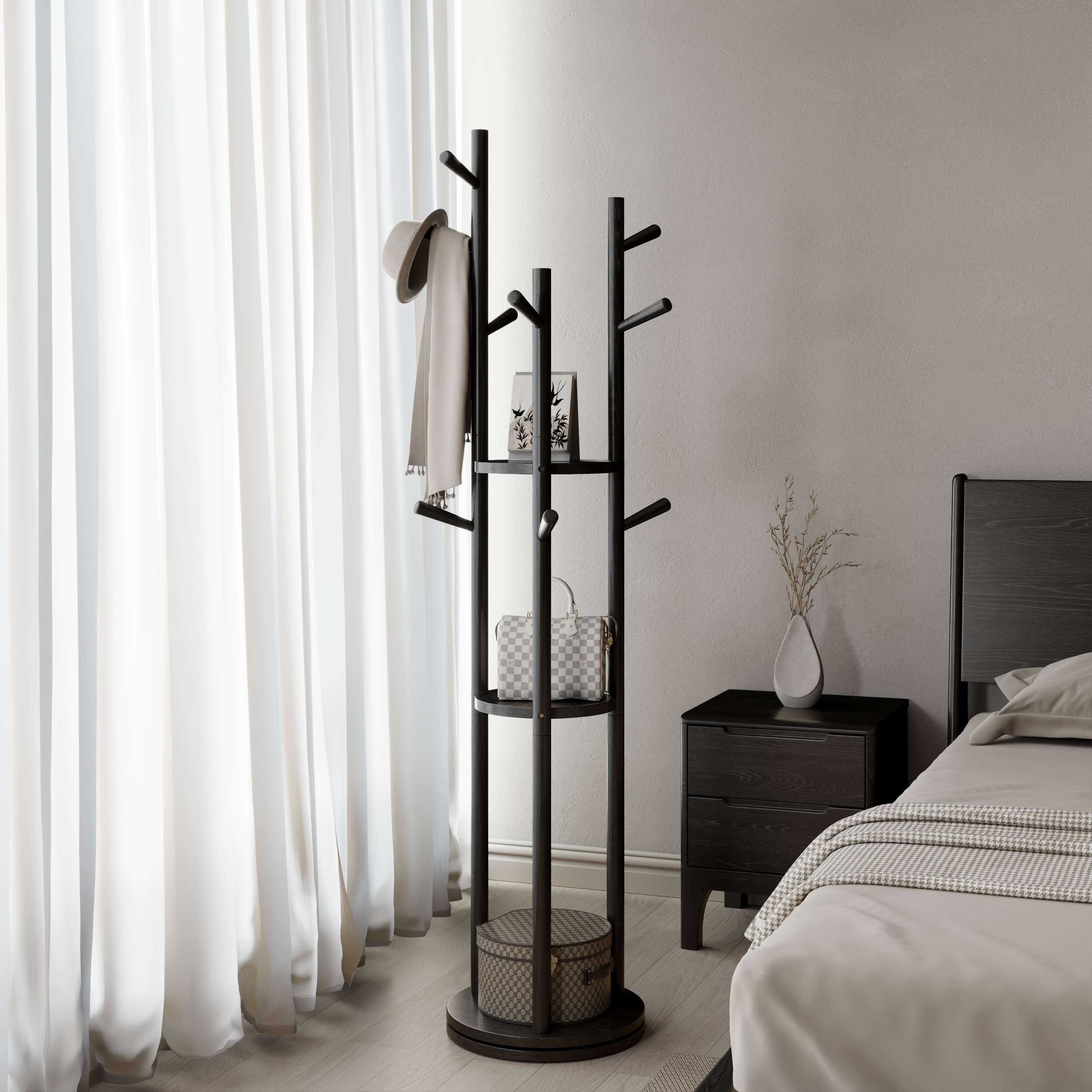 360° Rotating Solid Wood Coat Rack with Shelves