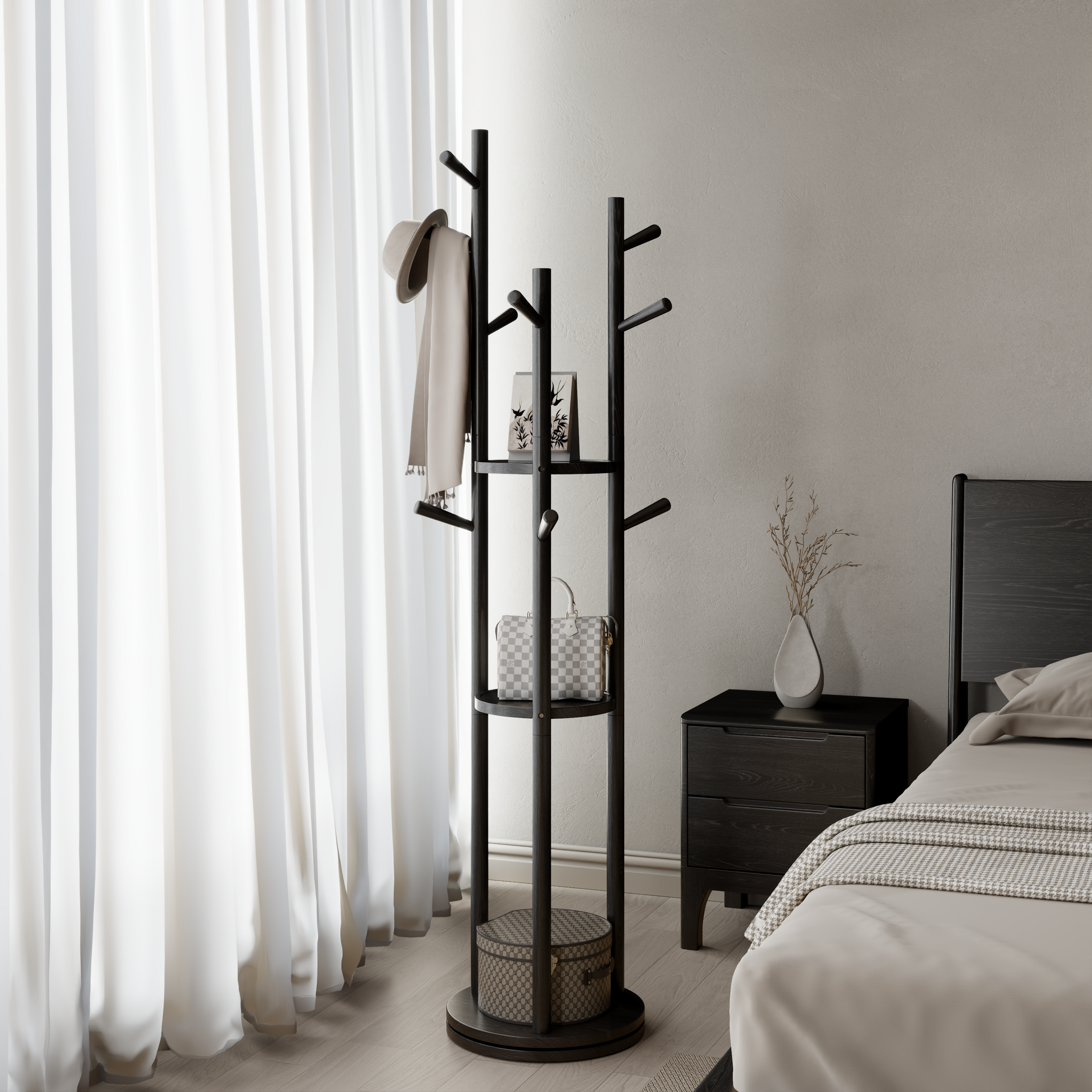 360° Rotating Solid Wood Coat Rack with Shelves