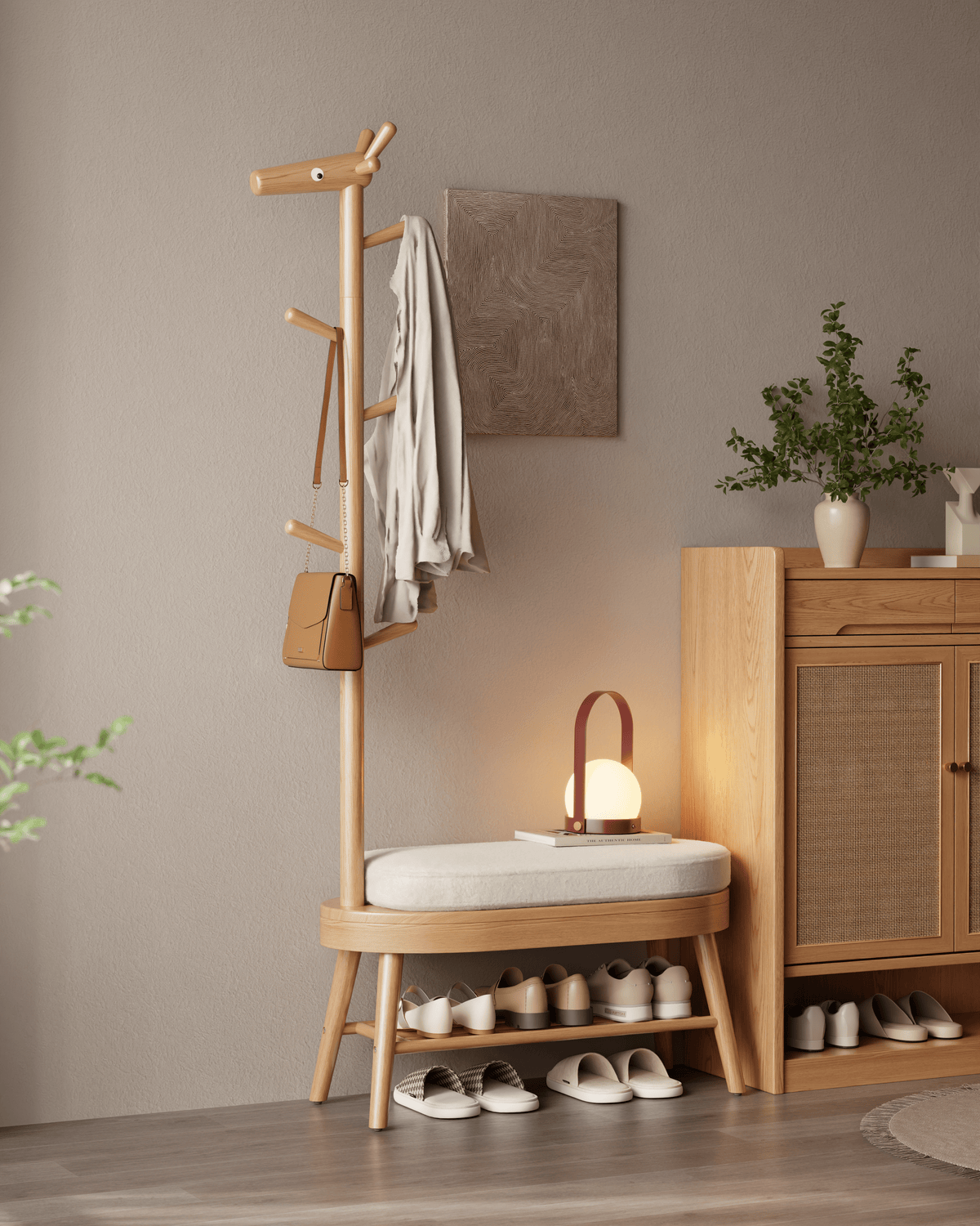Rubberwood Shoe Bench with Coat Rack and 9 Hooks, Deer-Shaped Hall Tree - iKaslandi