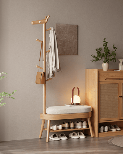 Rubberwood Shoe Bench with Coat Rack and 9 Hooks, Deer-Shaped Hall Tree - iKaslandi