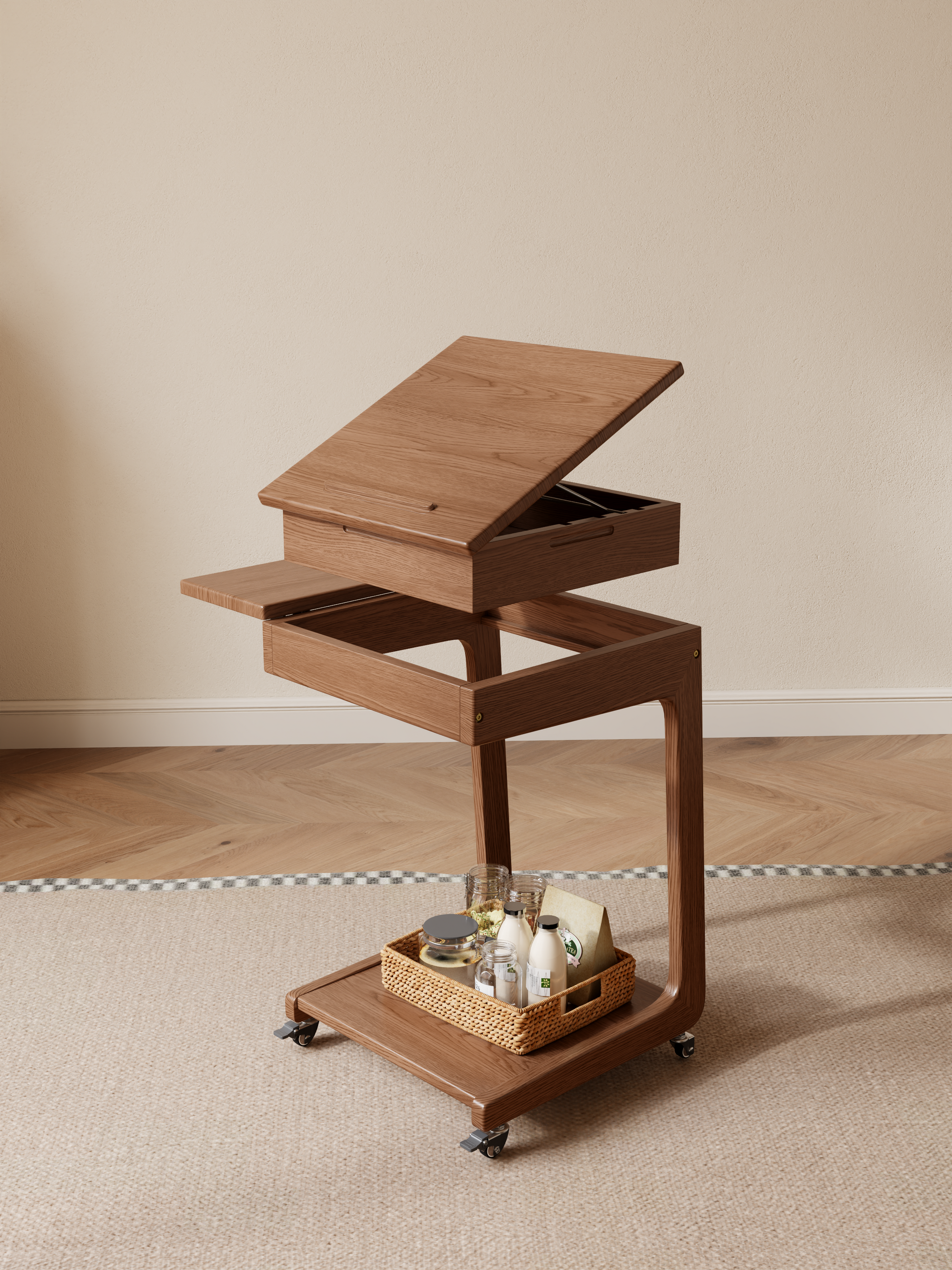 Solid Wood C-Shaped Rolling Side Table – Adjustable with Storage & Folding Shelf