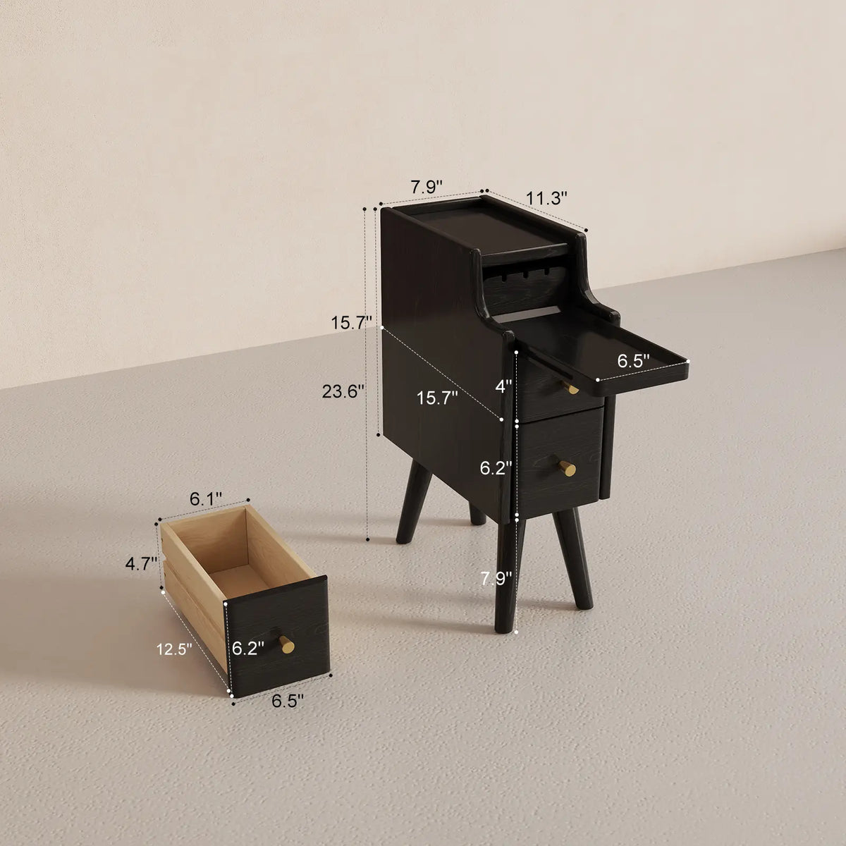 Dimension diagram for the black narrow nightstand and drawer