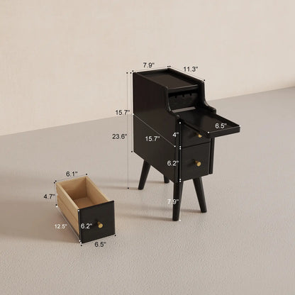 Dimension diagram for the black narrow nightstand and drawer
