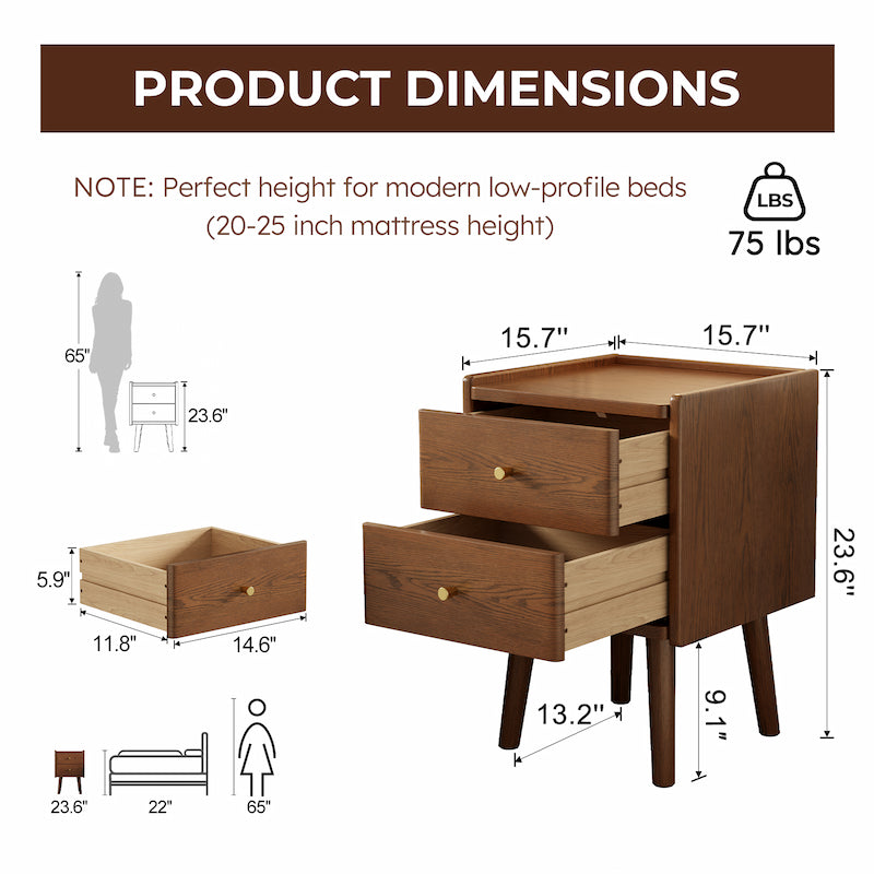 Solid Wood Nightstand 2 Drawer | Mid Century Bedside Table