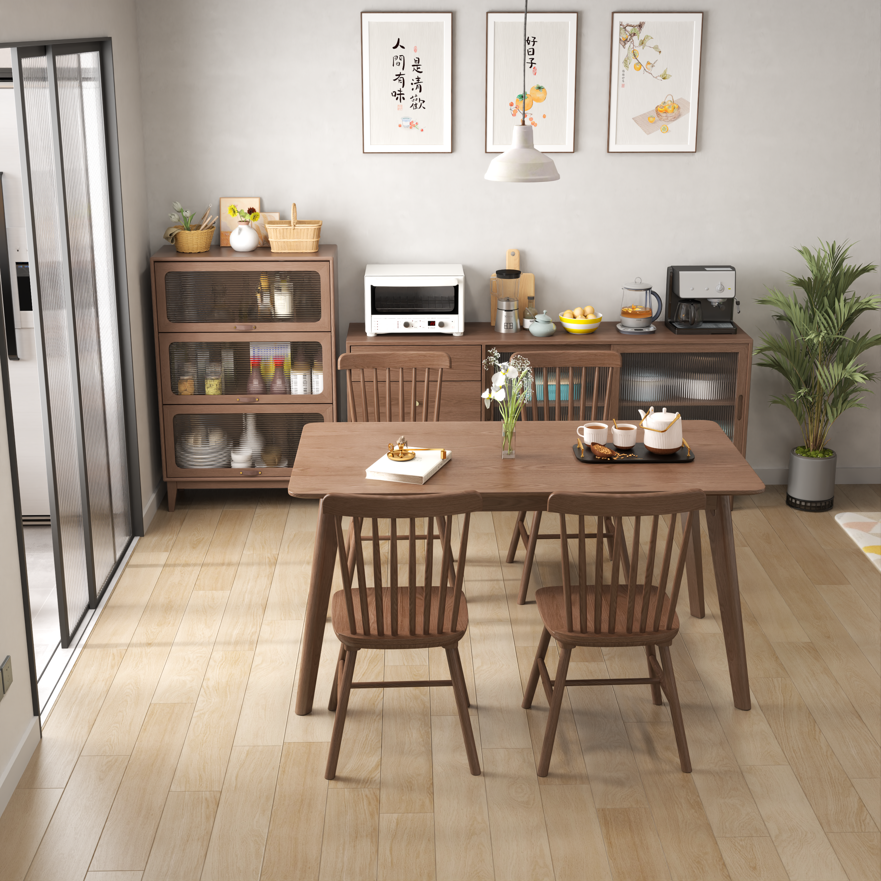 3-Tier Solid Wood Bookcase with Flip-Up Glass Doors