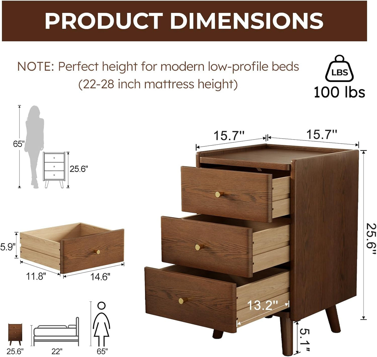 Solid Wood Nightstand with 3 Drawers, Mid Century Modern Bedside Table - iKaslandi
