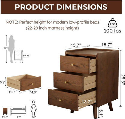 Solid Wood Nightstand with 3 Drawers, Mid Century Modern Bedside Table - iKaslandi