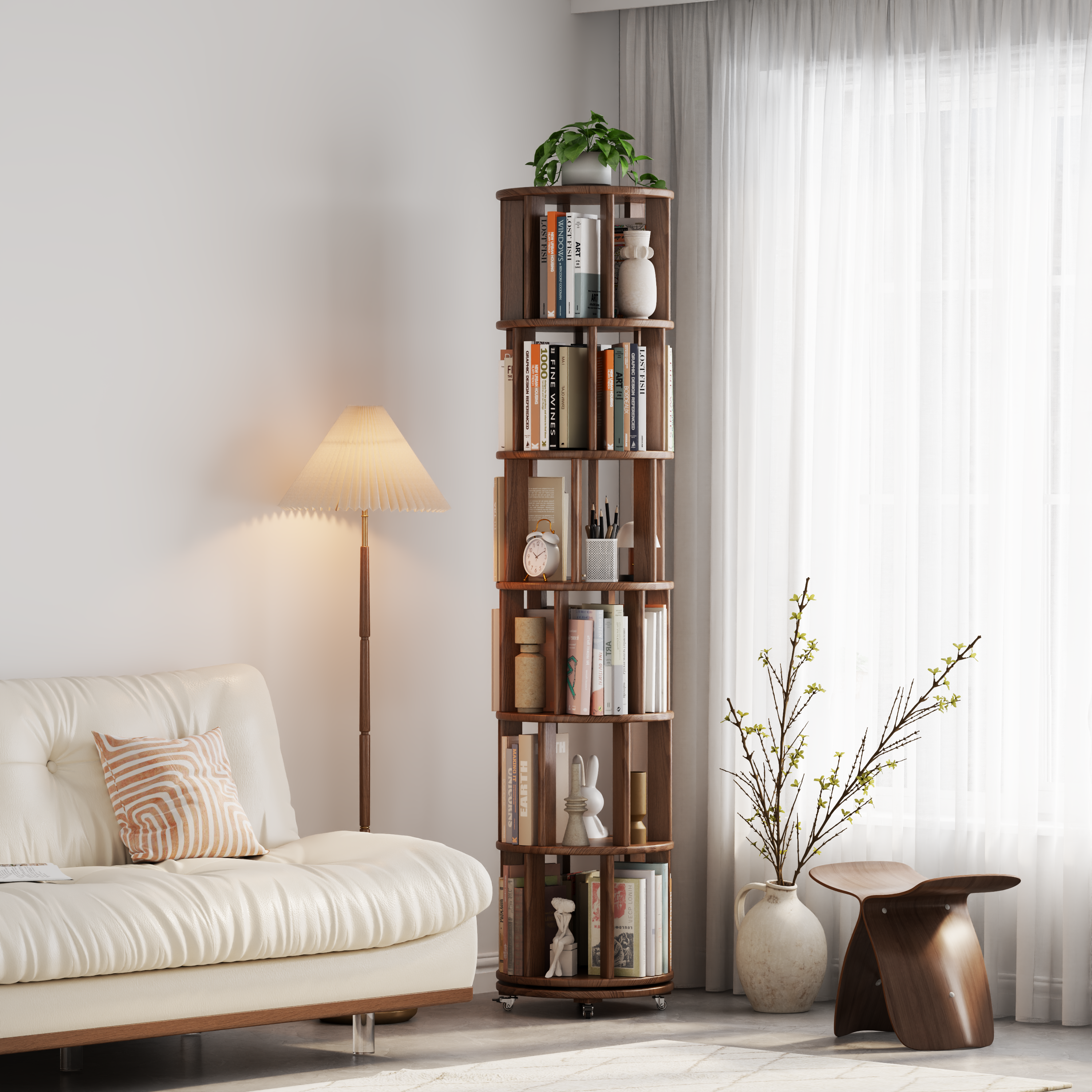 Solid Wood Rotating Bookshelf with Brake Wheels – Adjustable 1-6 Tiers