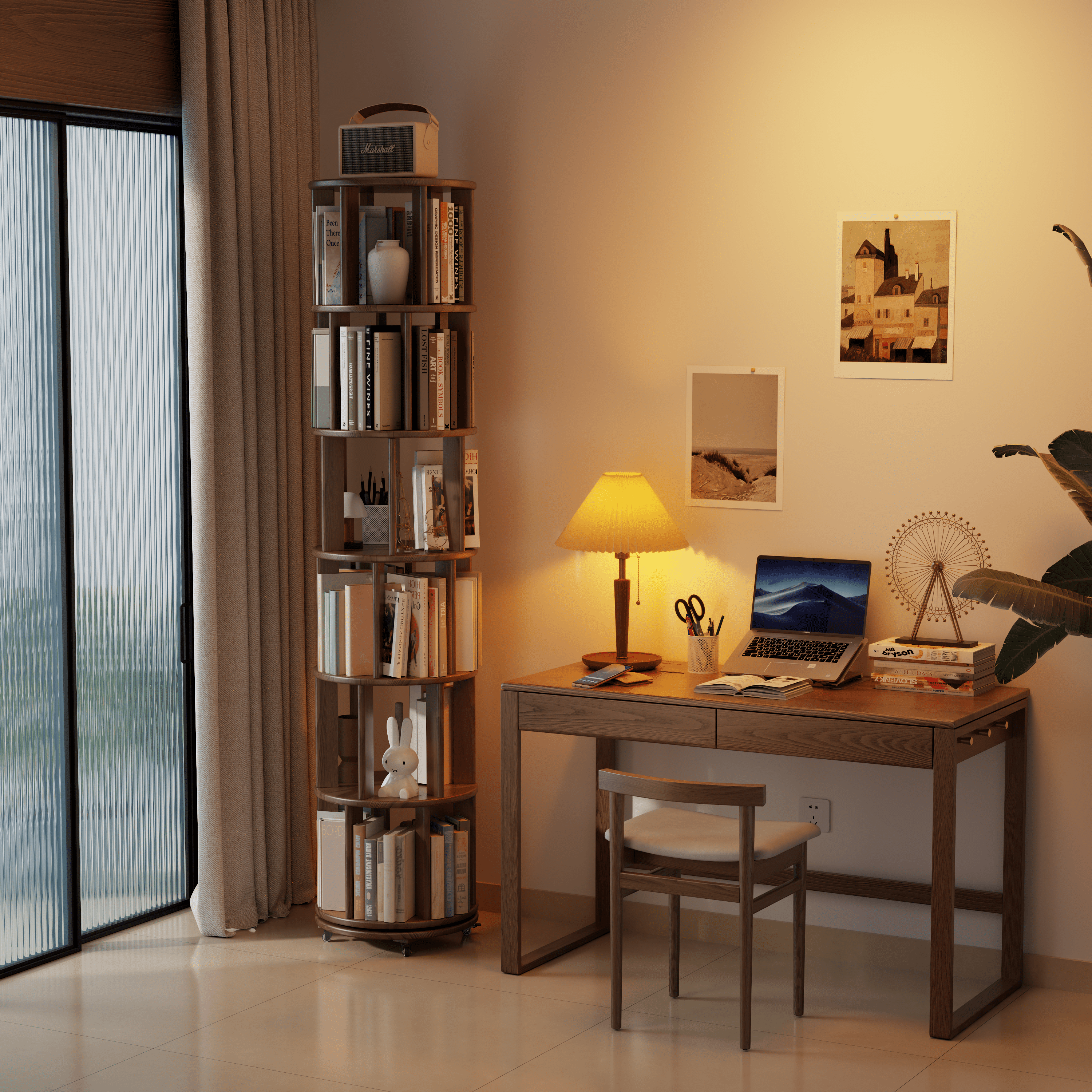 Rotating Solid Wood Bookshelf with Brake Wheels – Adjustable 1-6 Tier Swivel Bookcase for Home & Study