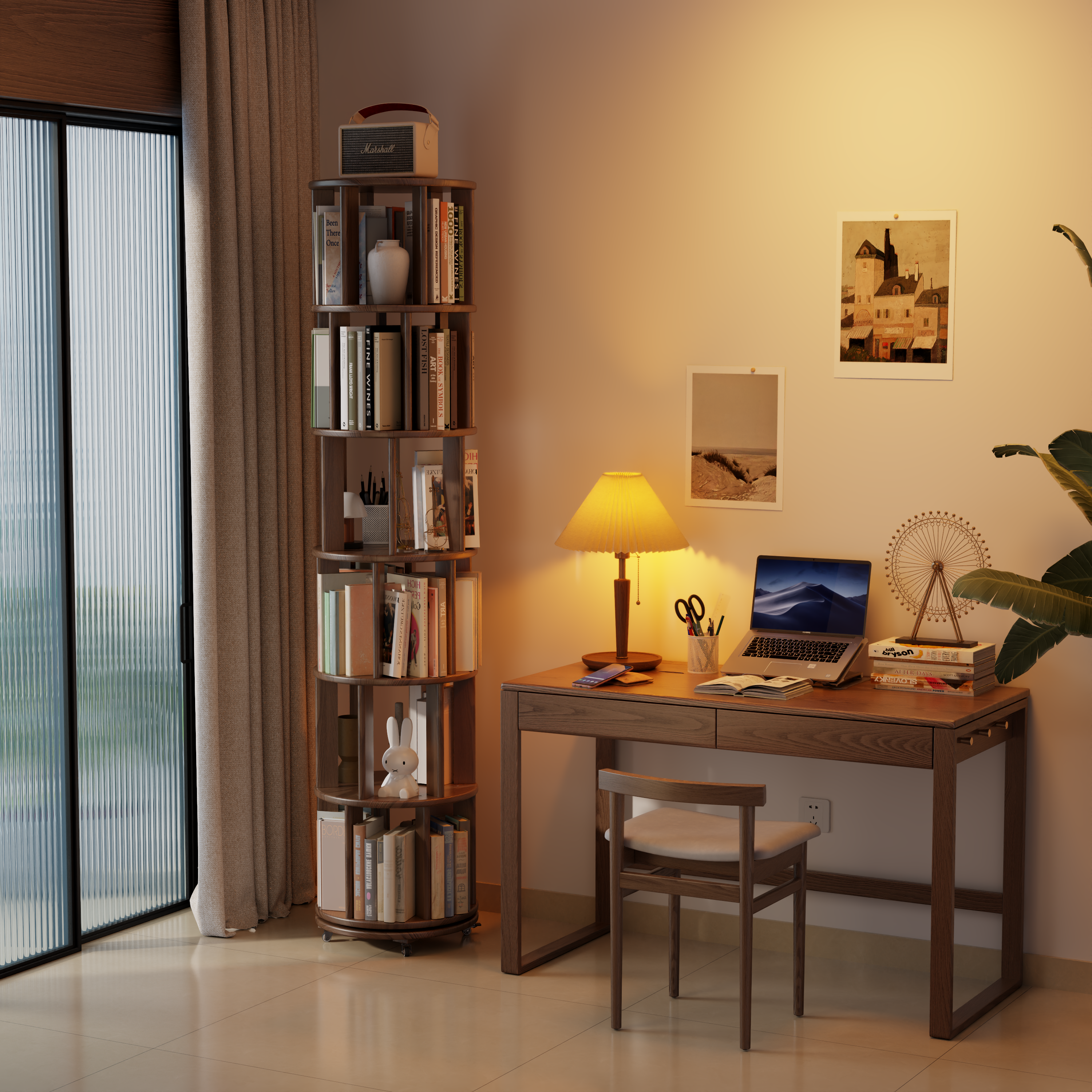 Solid Wood Rotating Bookshelf with Brake Wheels – Adjustable 1-6 Tiers