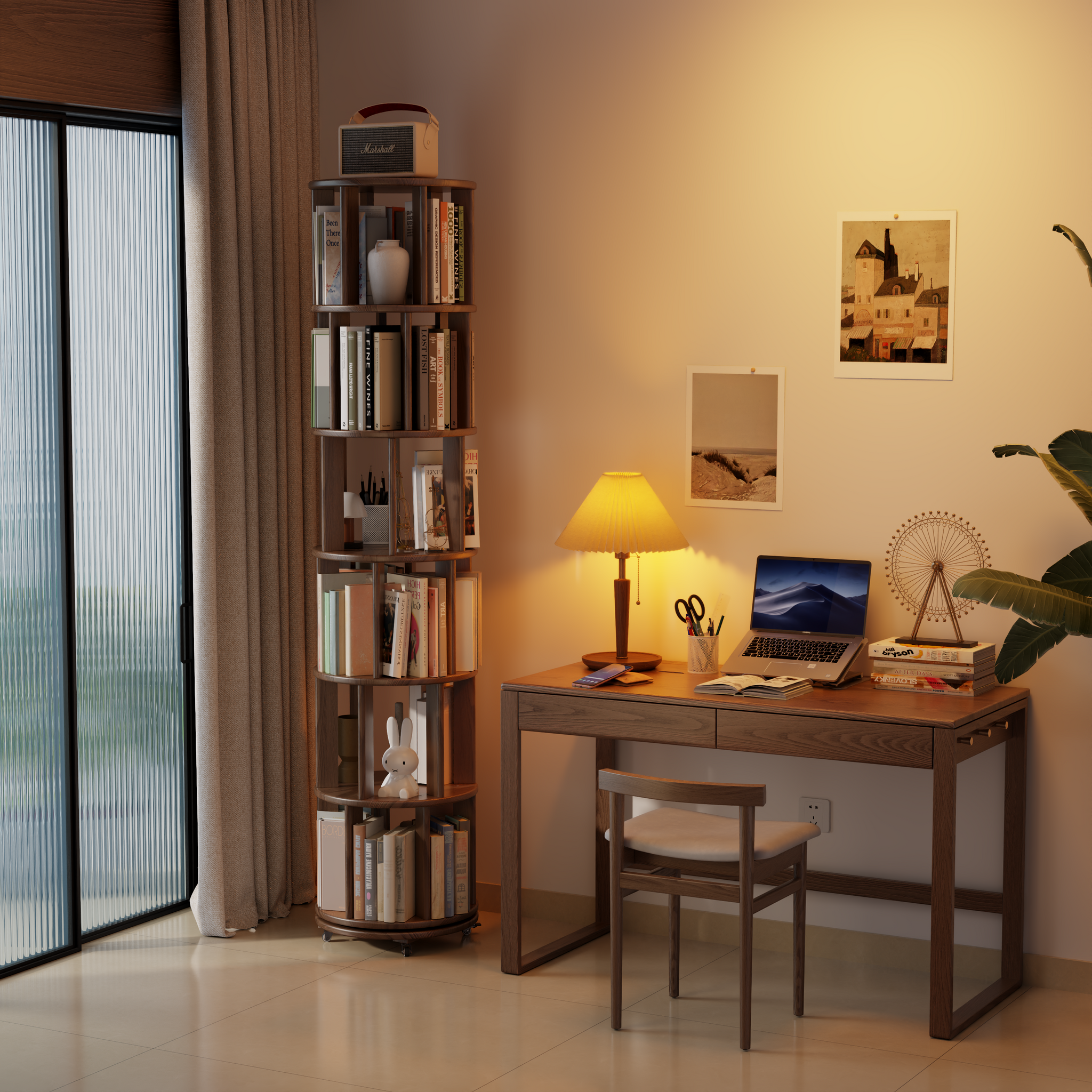 Solid Wood Rotating Bookshelf with Brake Wheels – Adjustable 1-6 Tiers