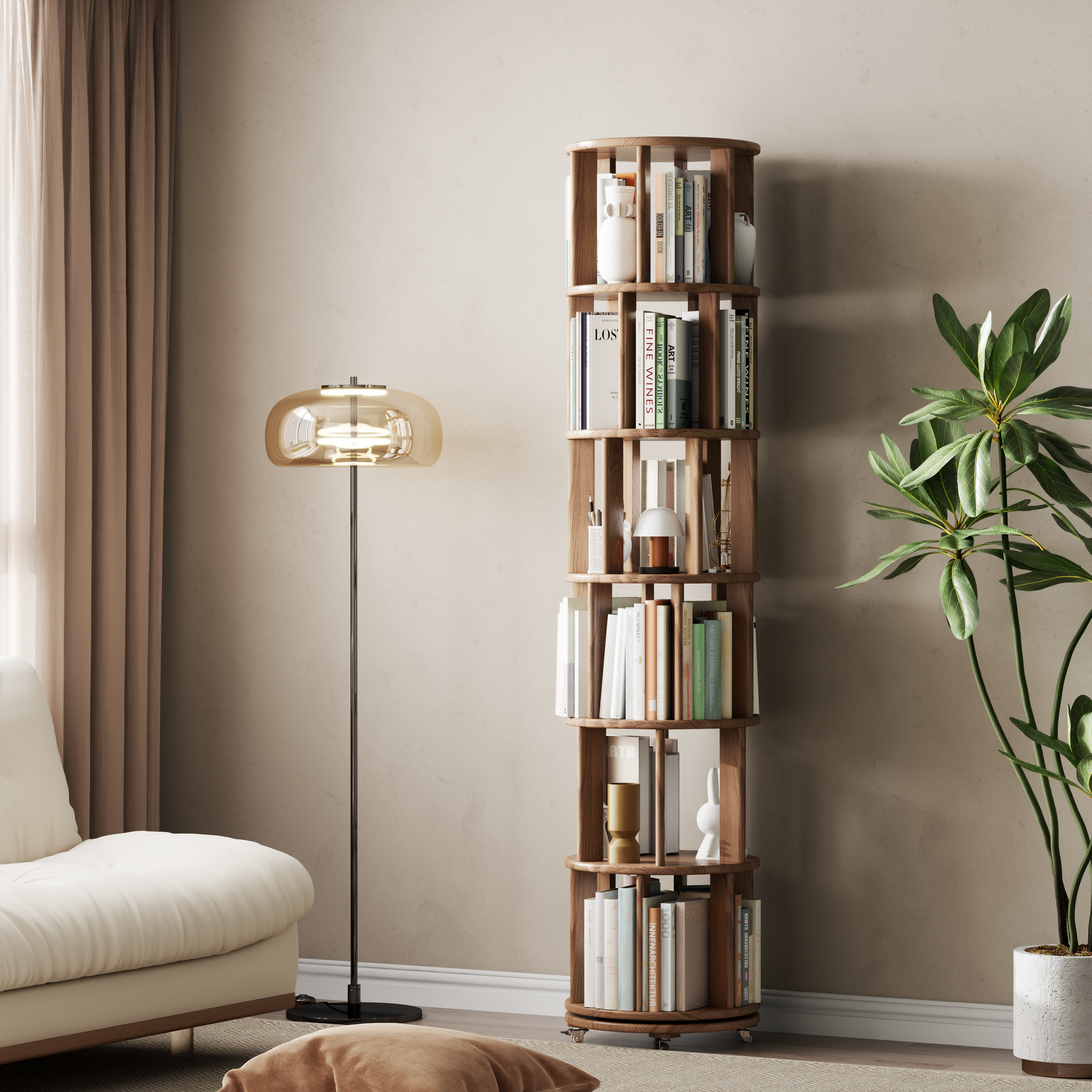 Solid Wood Rotating Bookshelf with Brake Wheels – Adjustable 1-6 Tiers
