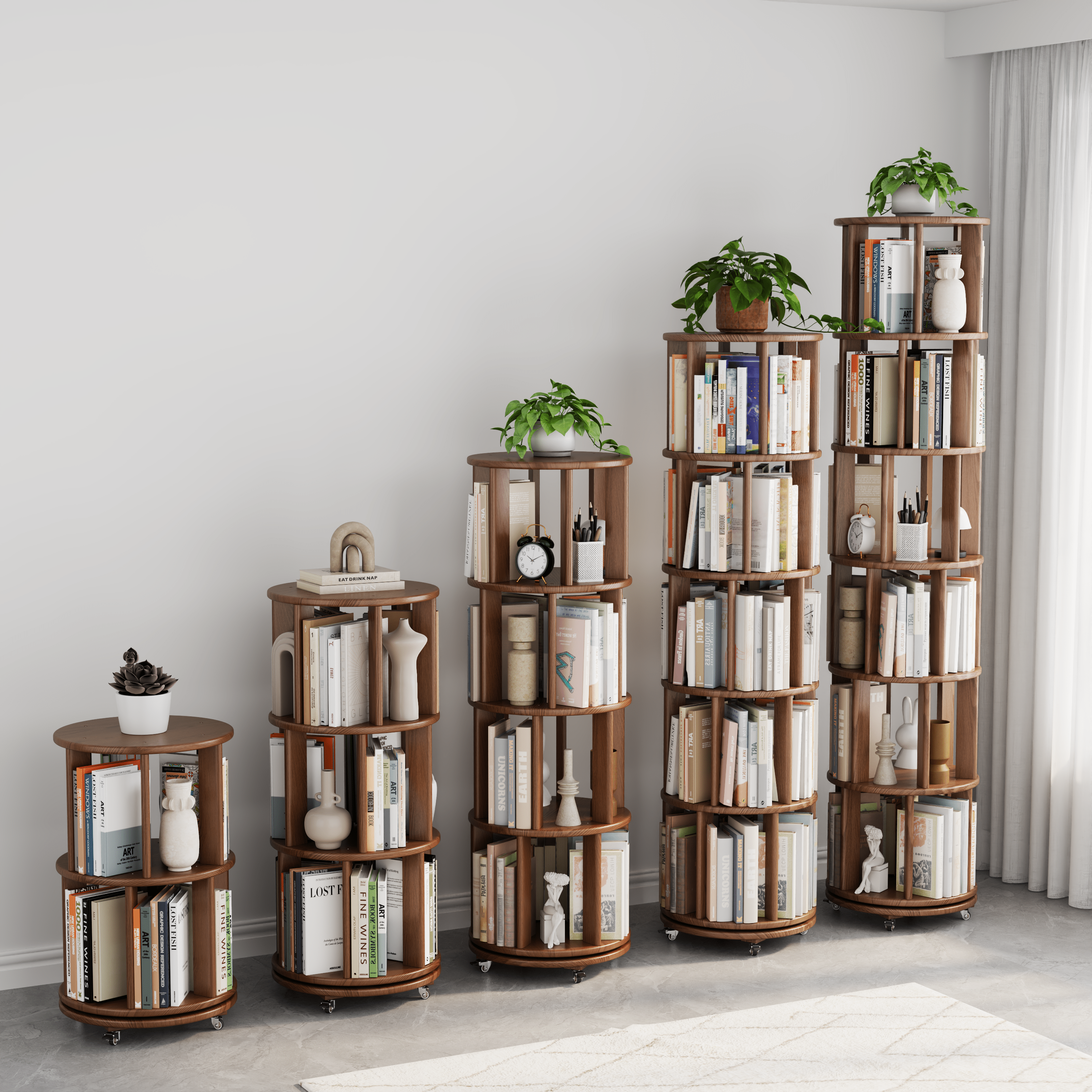 Rotating Solid Wood Bookshelf with Brake Wheels – Adjustable 1-6 Tier Swivel Bookcase for Home & Study