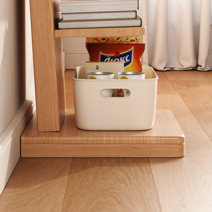Close-up of the natural bookshelf base and lower storage area