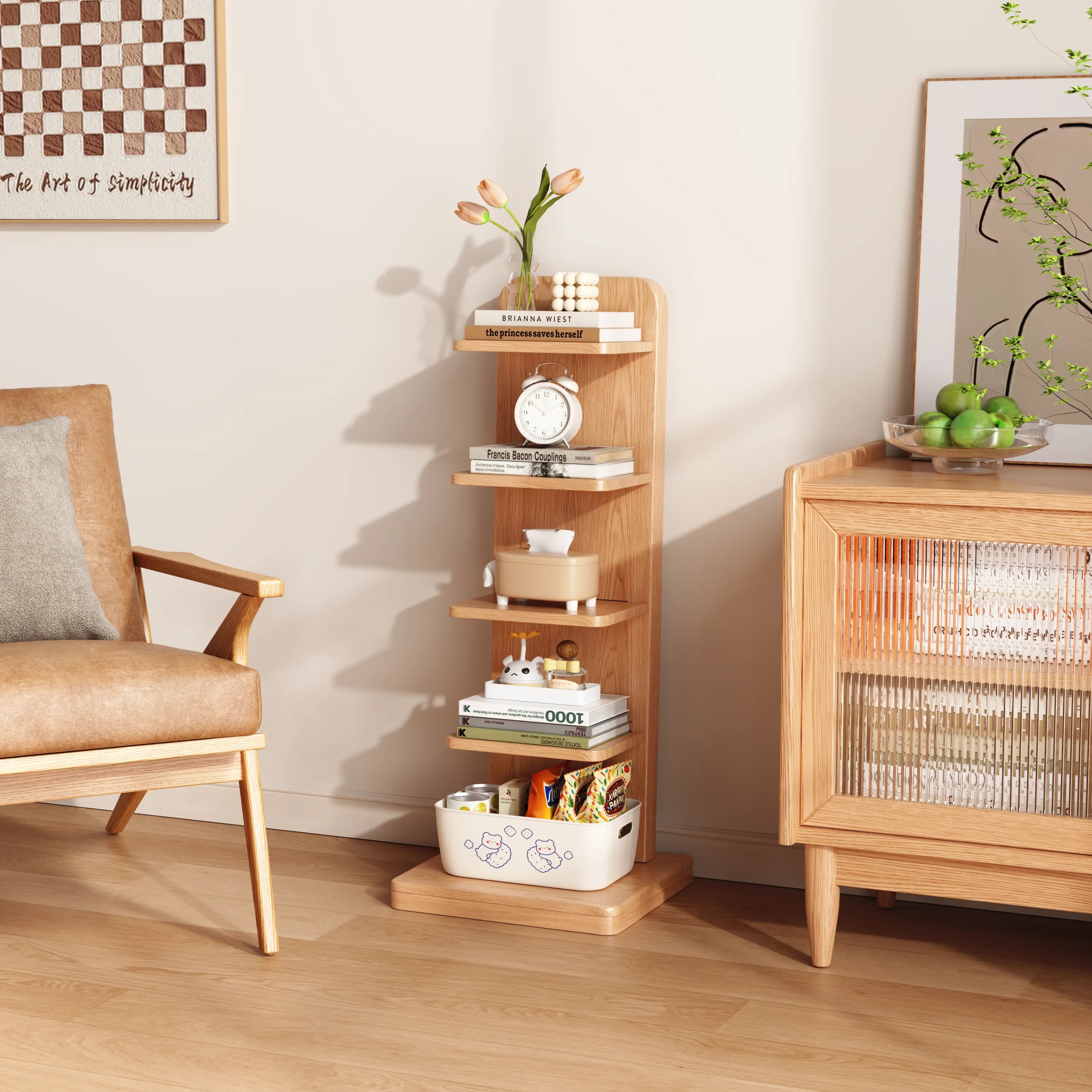 5-Tier Solid Wood Bookshelf – Narrow Space-Saving Storage