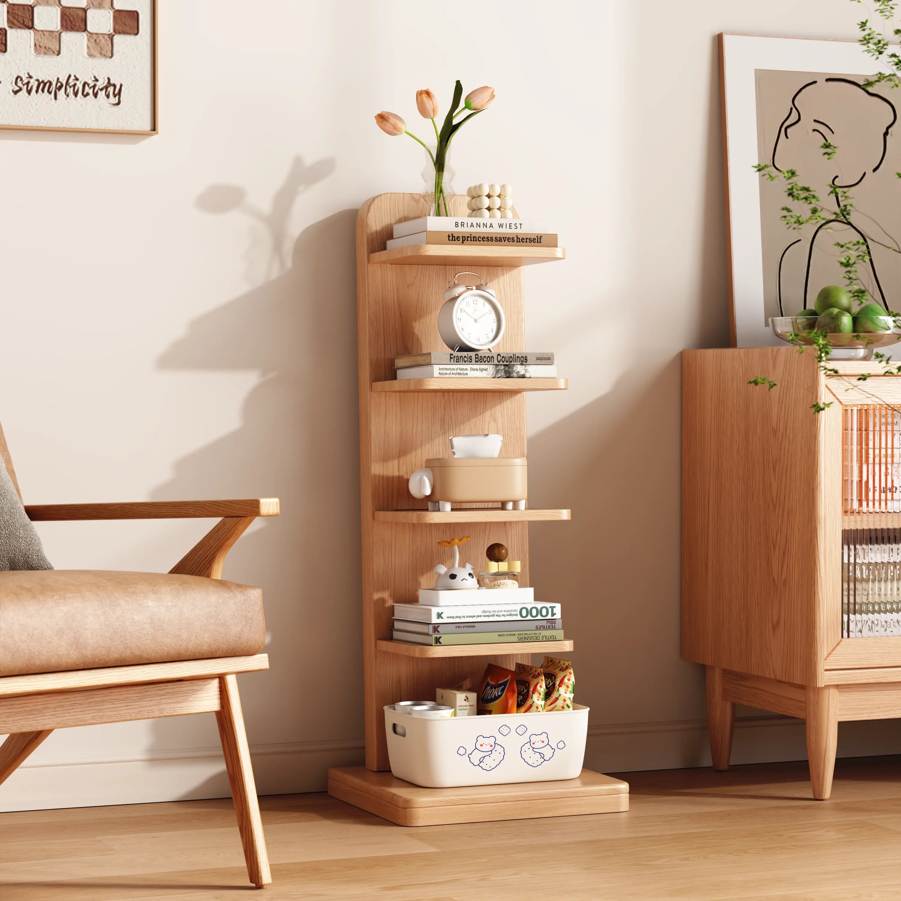 5-Tier Solid Wood Bookshelf – Narrow Space-Saving Storage