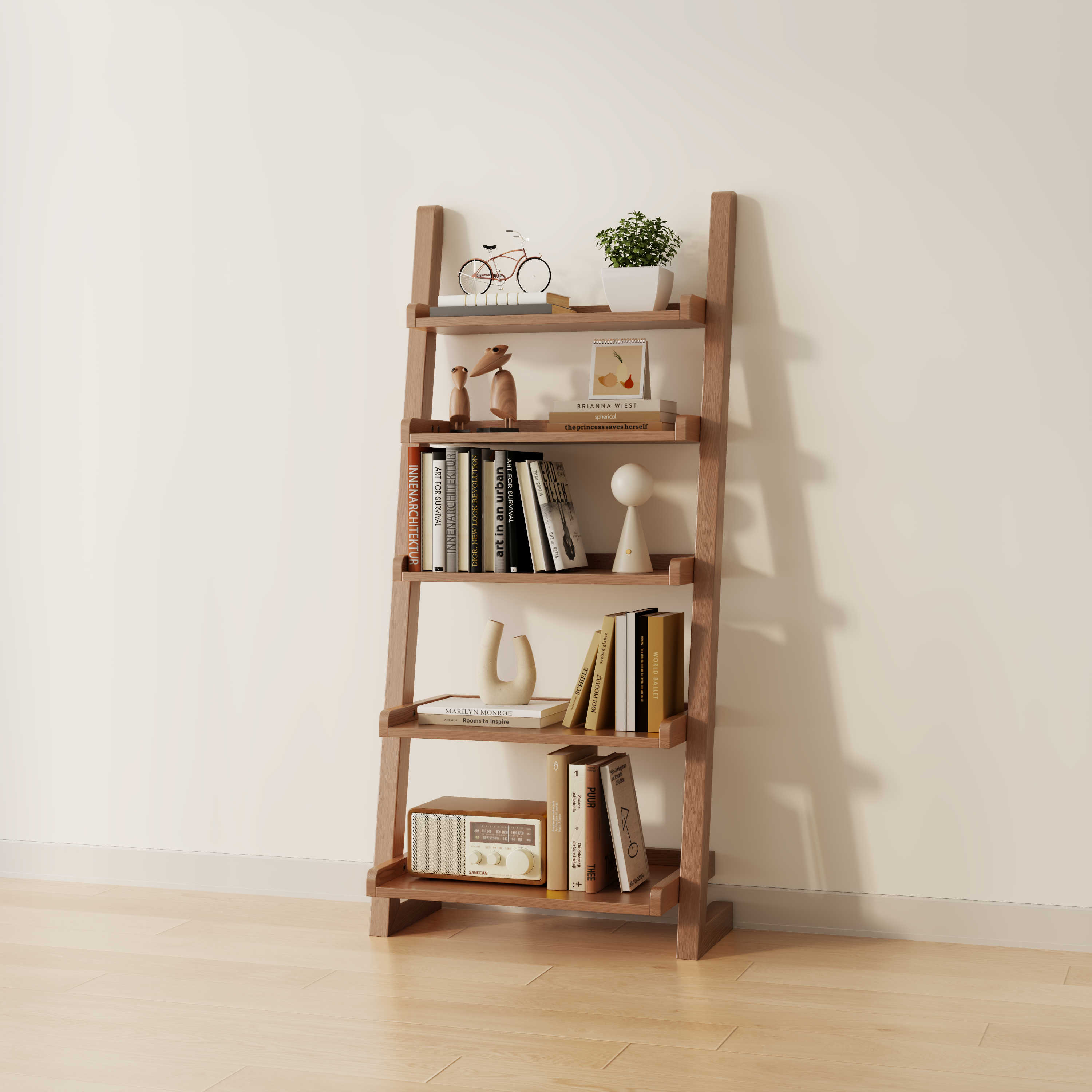 5-Tier Wooden Ladder Shelf – Modern Space-Saving Bookcase