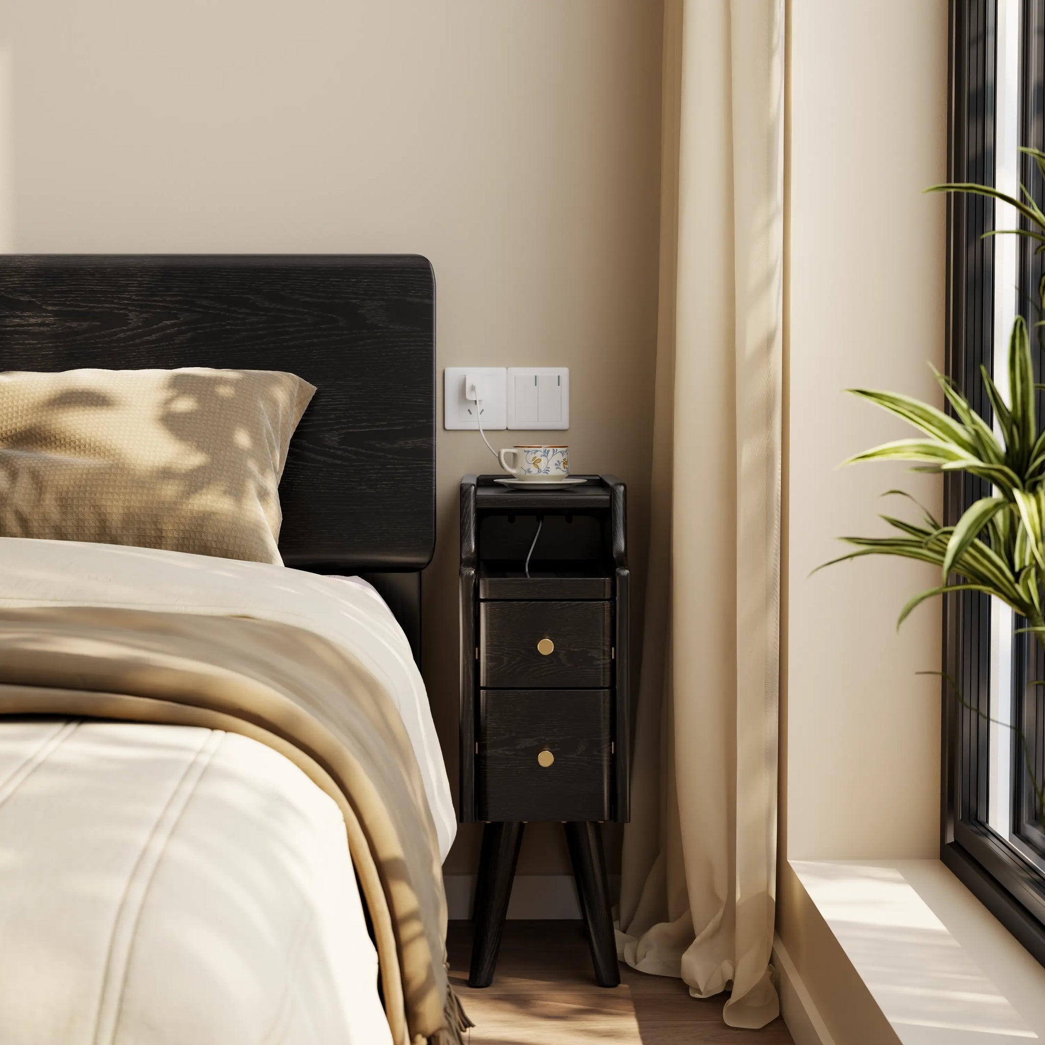 Solid wood classic minimalist nightstand with 2 drawers and an open shelf - iKaslandi