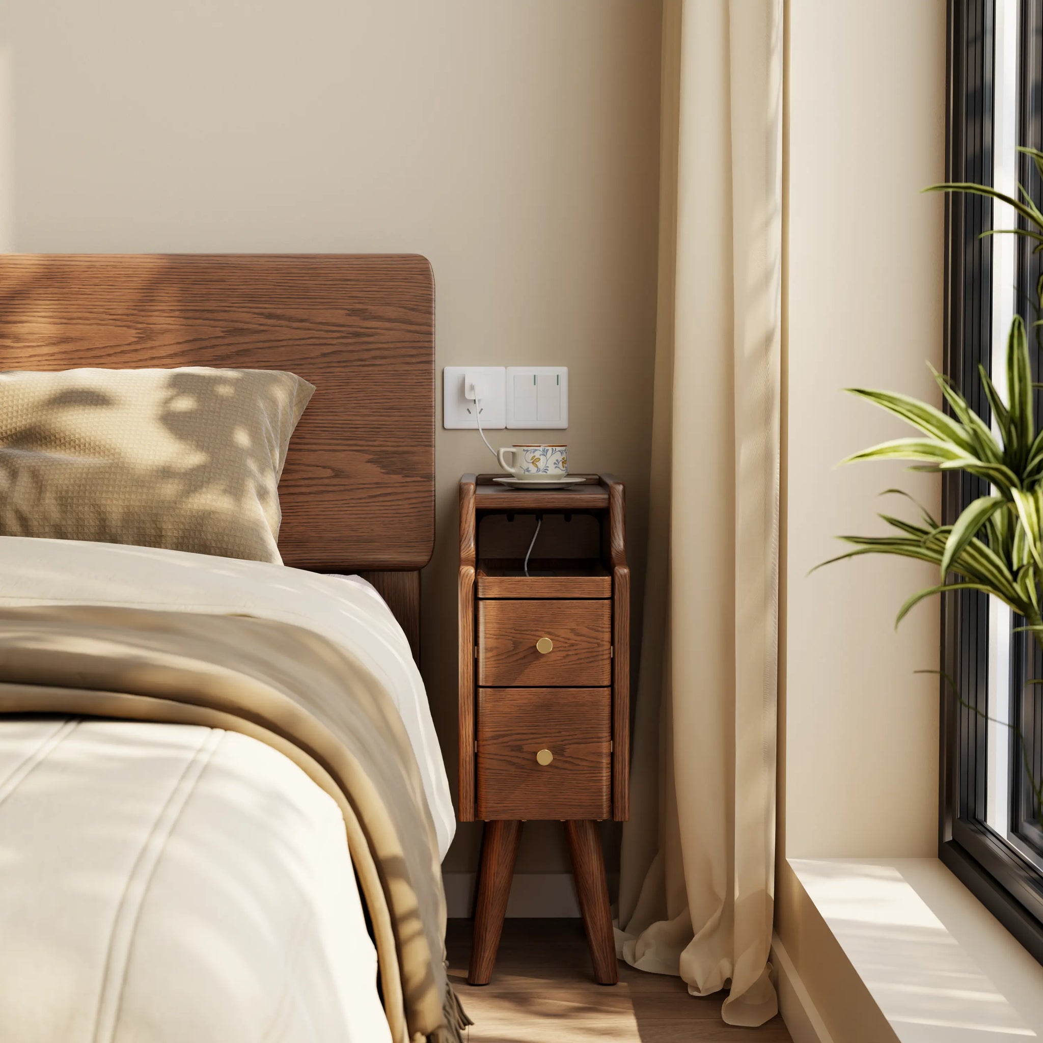 Solid wood classic minimalist nightstand with 2 drawers and an open shelf - iKaslandi