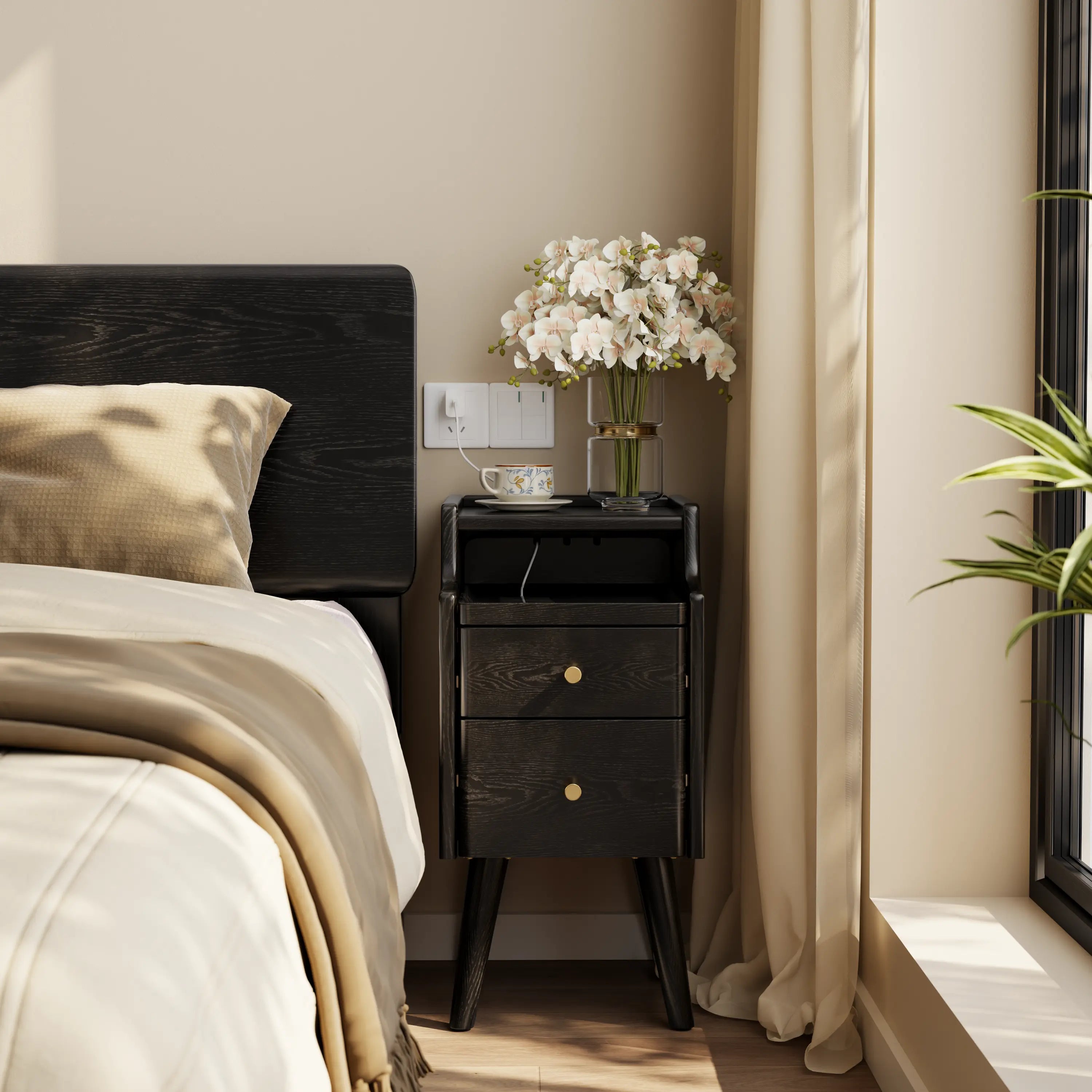 Solid wood classic minimalist nightstand with 2 drawers and an open shelf - iKaslandi