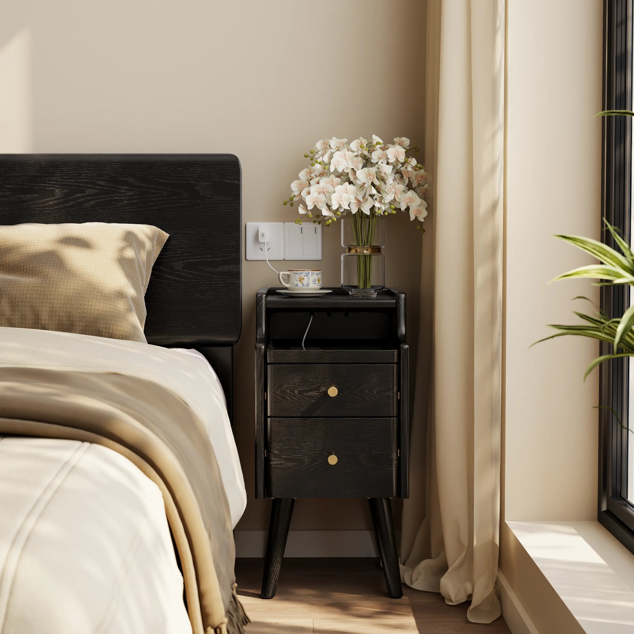 Solid wood classic minimalist nightstand with 2 drawers and an open shelf - iKaslandi