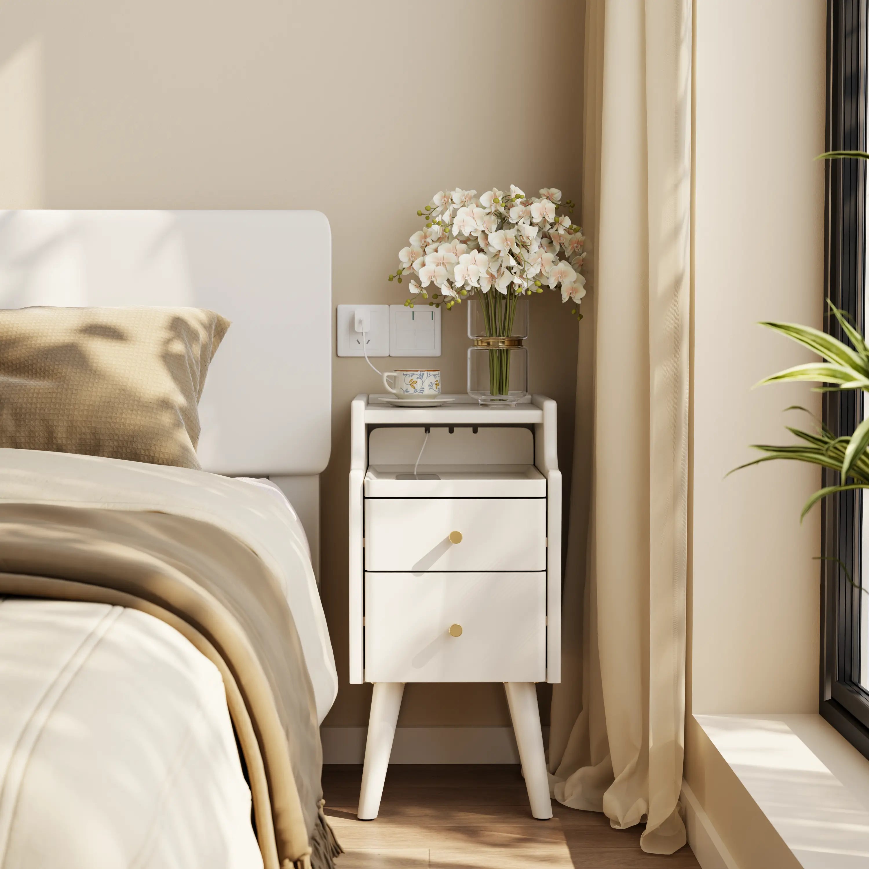 Solid wood classic minimalist nightstand with 2 drawers and an open shelf - iKaslandi