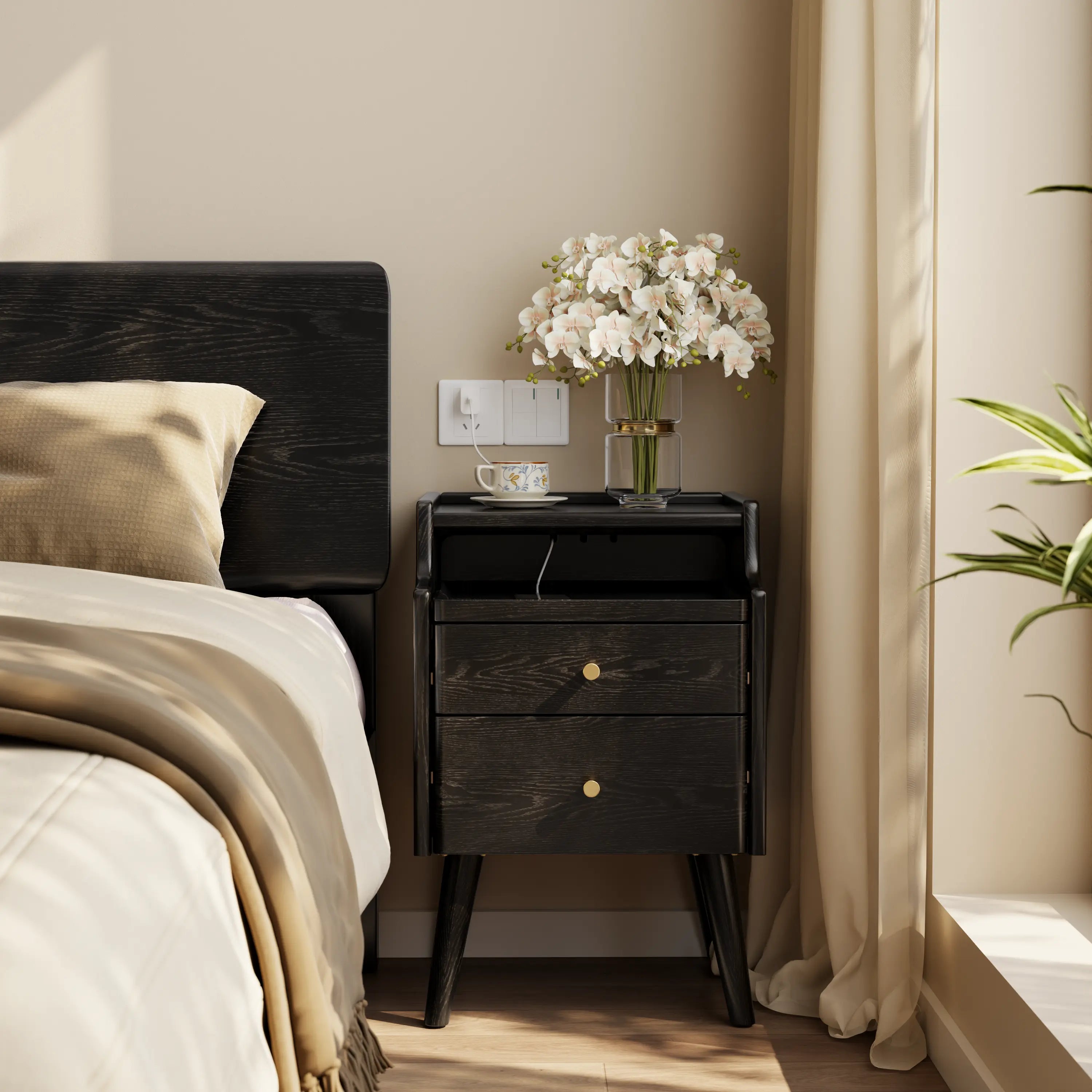 Solid wood classic minimalist nightstand with 2 drawers and an open shelf - iKaslandi