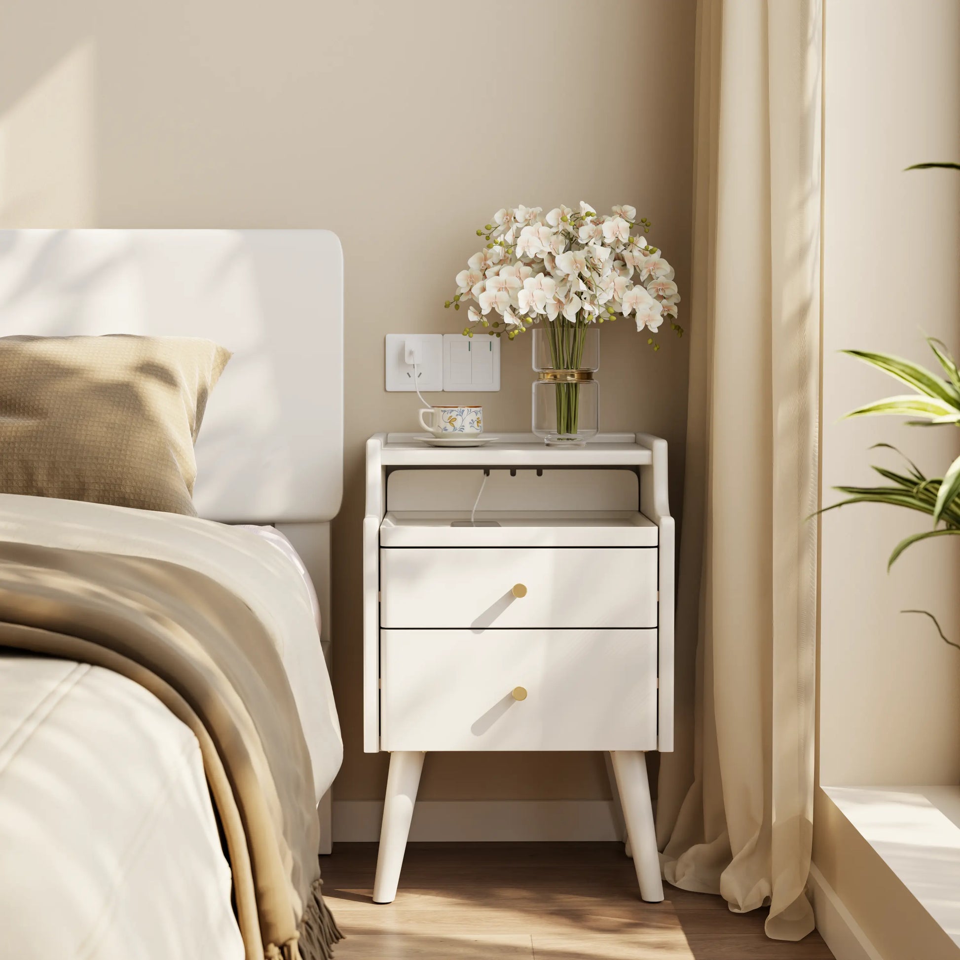 Solid wood classic minimalist nightstand with 2 drawers and an open shelf - iKaslandi