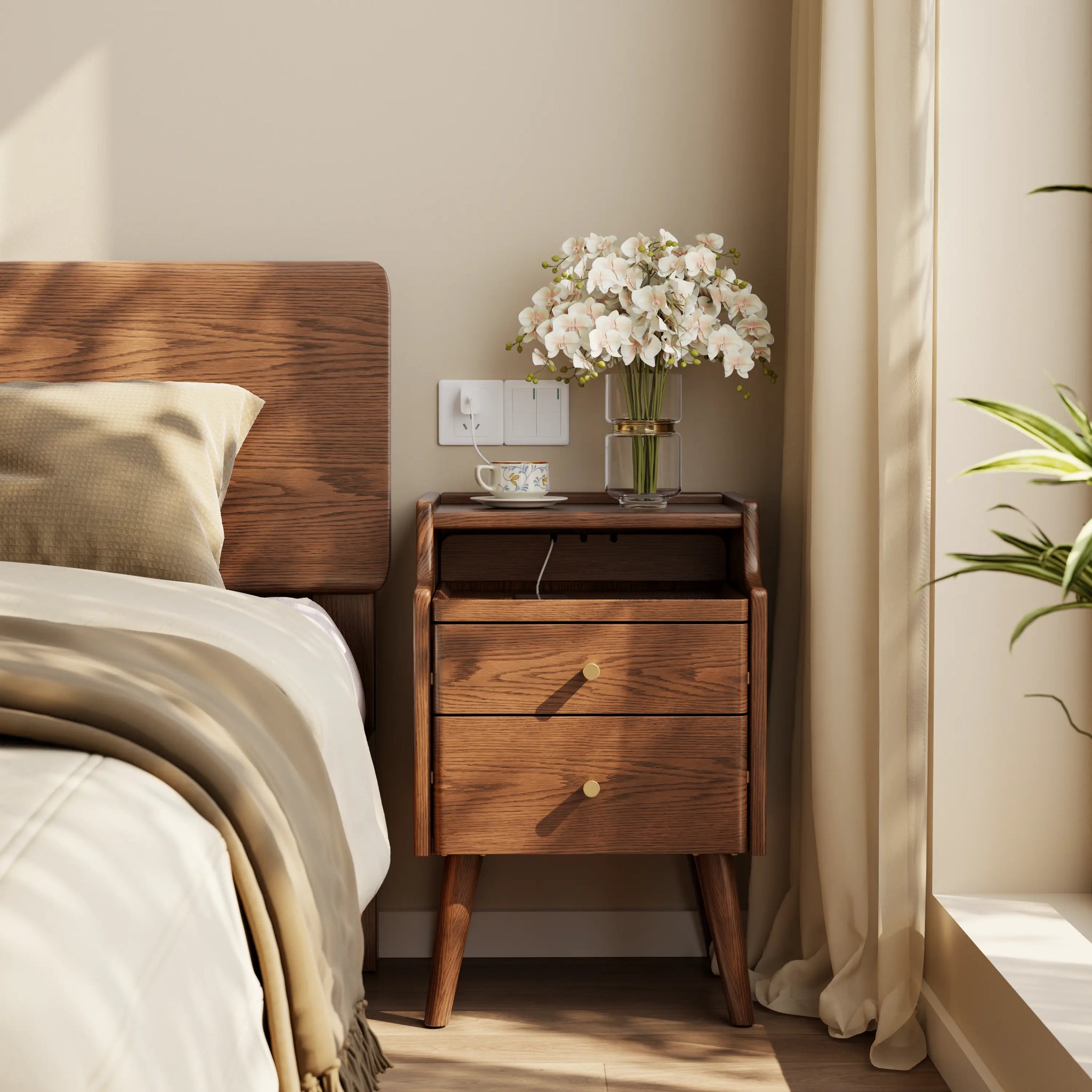 Solid wood classic minimalist nightstand with 2 drawers and an open shelf - iKaslandi