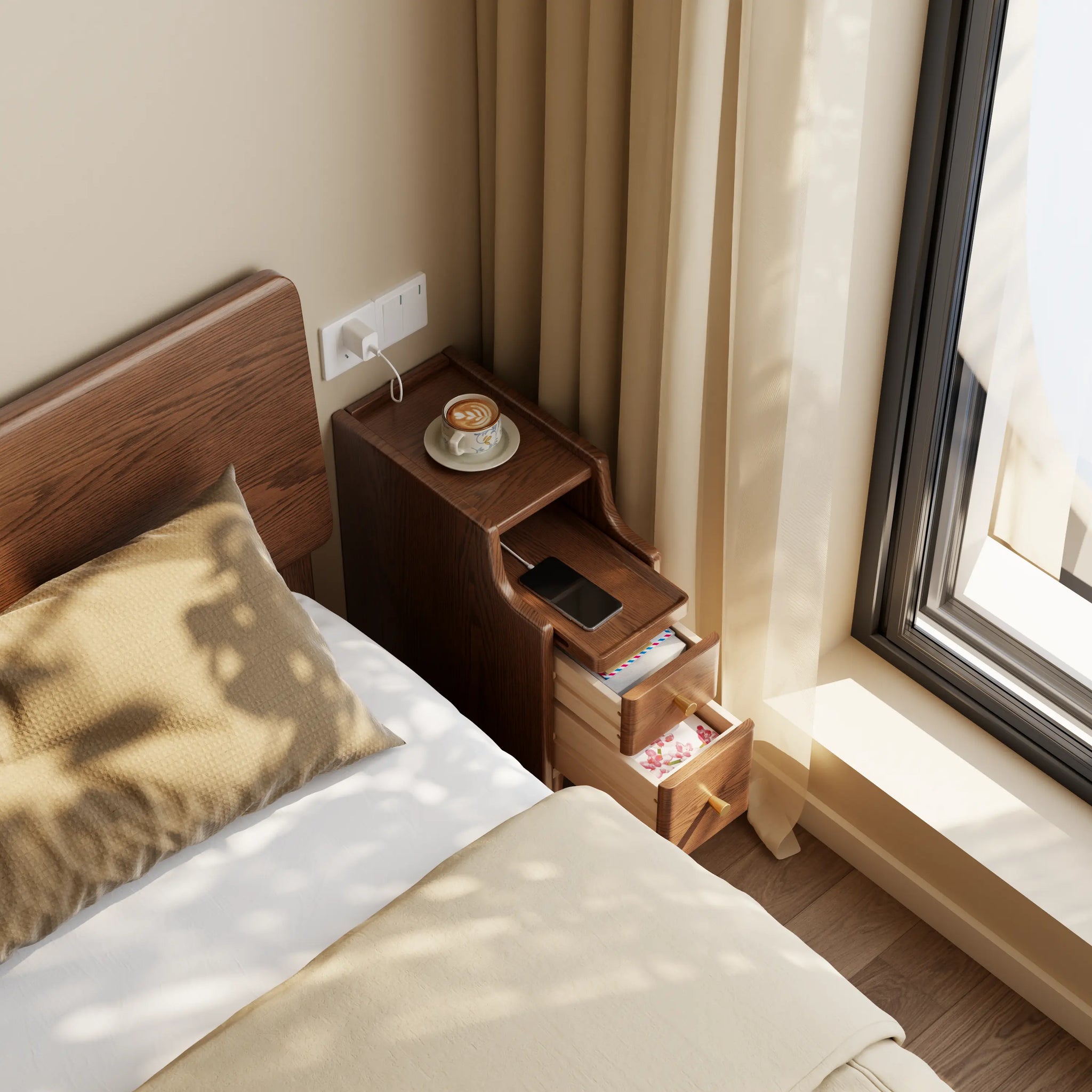 Solid wood classic minimalist nightstand with 2 drawers and an open shelf - iKaslandi