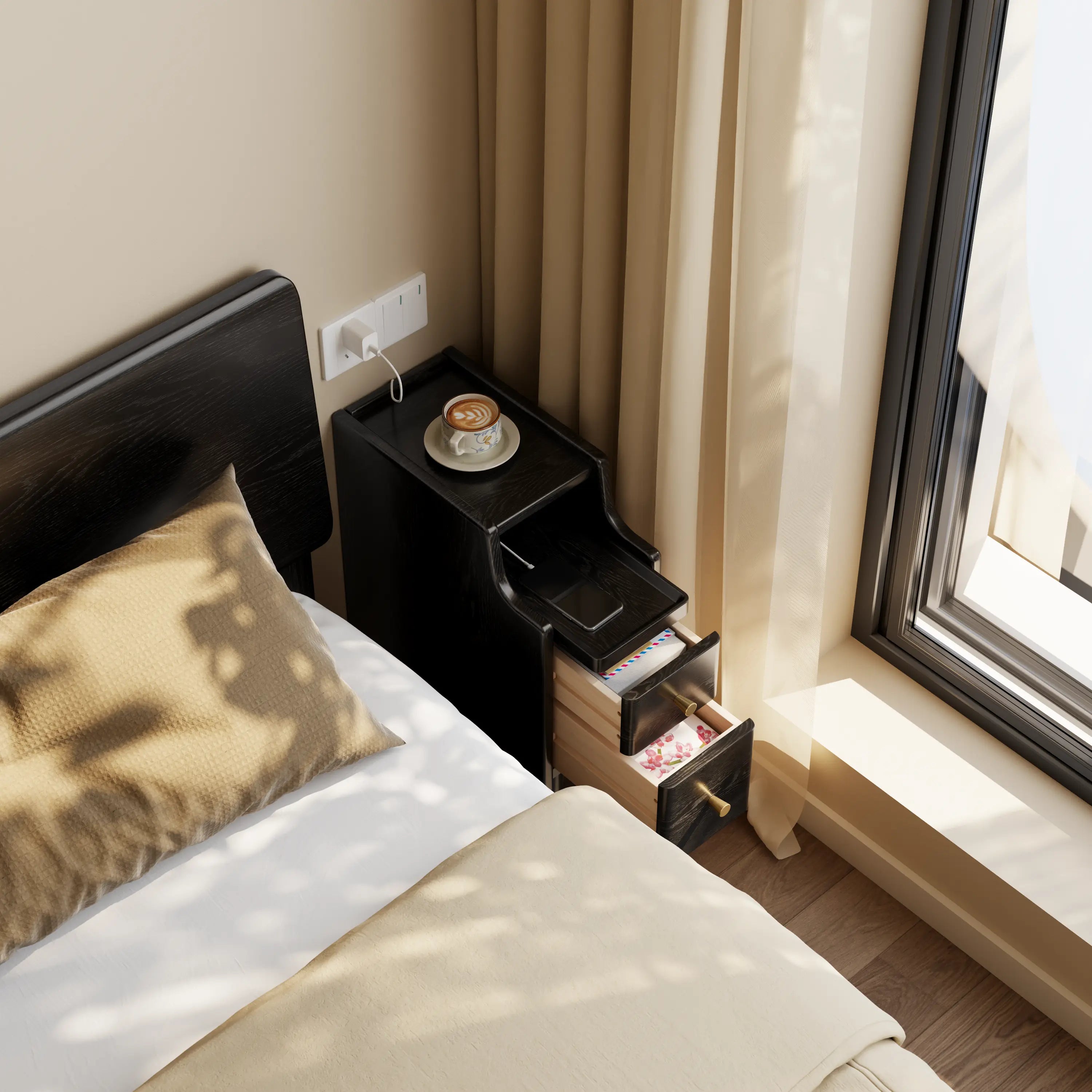 Solid wood classic minimalist nightstand with 2 drawers and an open shelf - iKaslandi