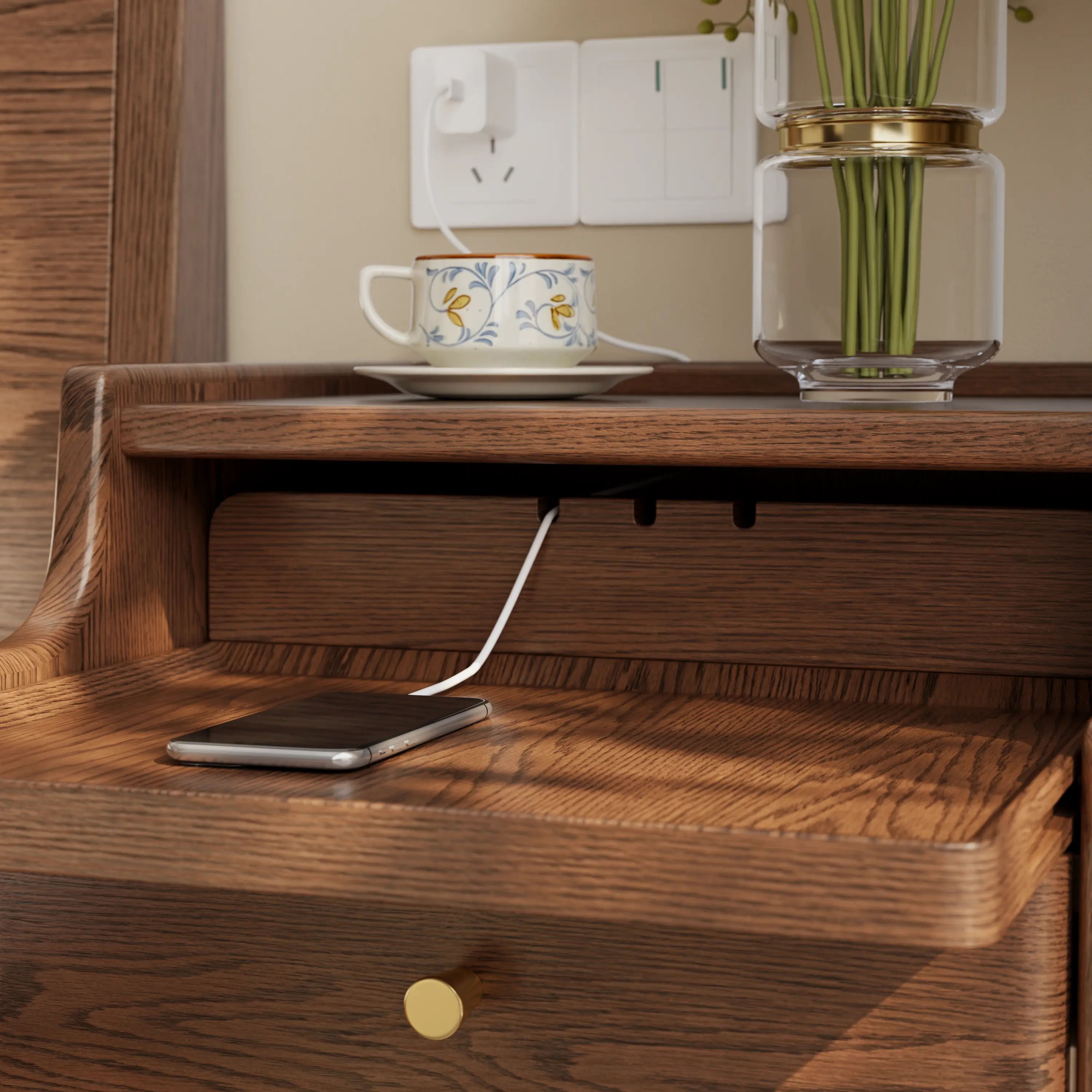 Solid wood classic minimalist nightstand with 2 drawers and an open shelf - iKaslandi