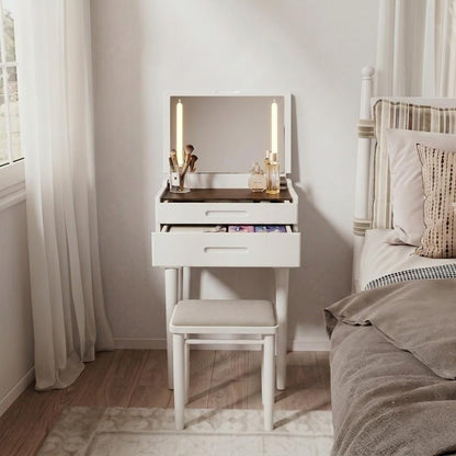 White vanity desk shown with a stool and drawer open