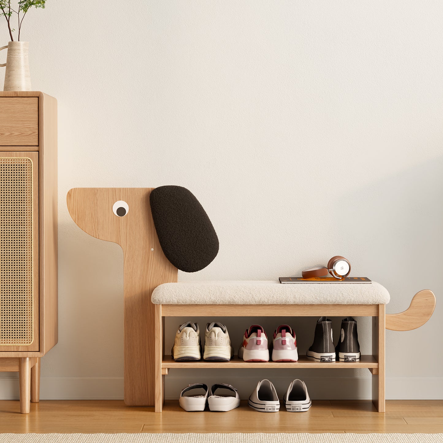 Shoe Rack Bench with Cushion, 2-Tier Dog Shoe Bench Cute, Wood Shoe Rack, Shoe Rack Bench with Storage,Shoe Shelf for Entryway, Hallway, Bedroom, Living Room