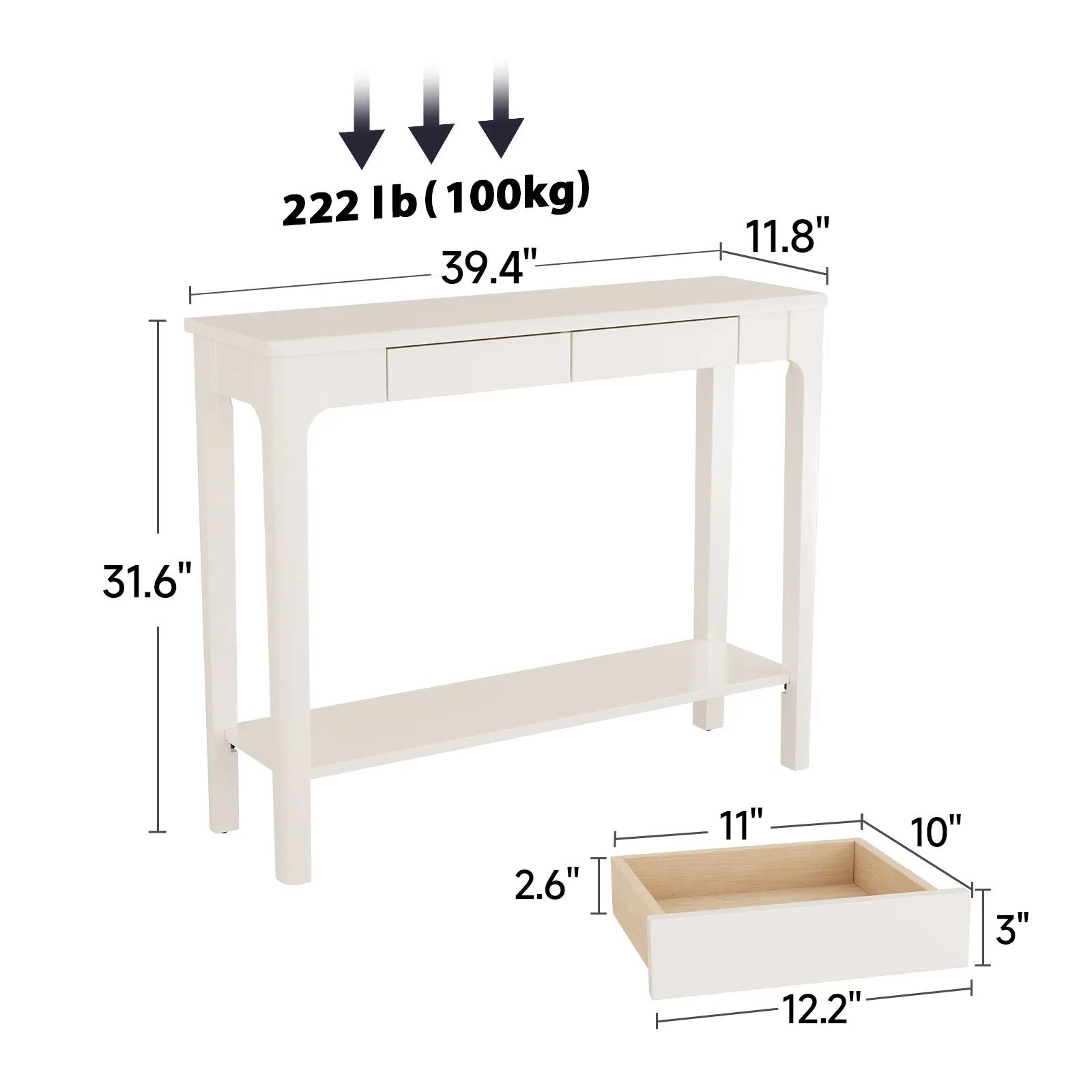 Solid Wood Entryway Console Table with Drawers and Bottom Storage Shelf - Kaslandi Furniture