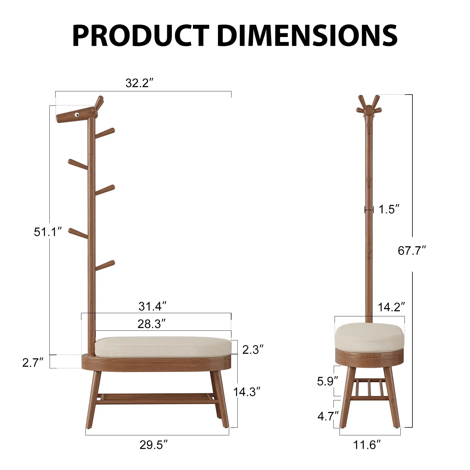 Giraffe Solid Wood Coat Rack & Shoe Bench with Cushion - iKaslandi