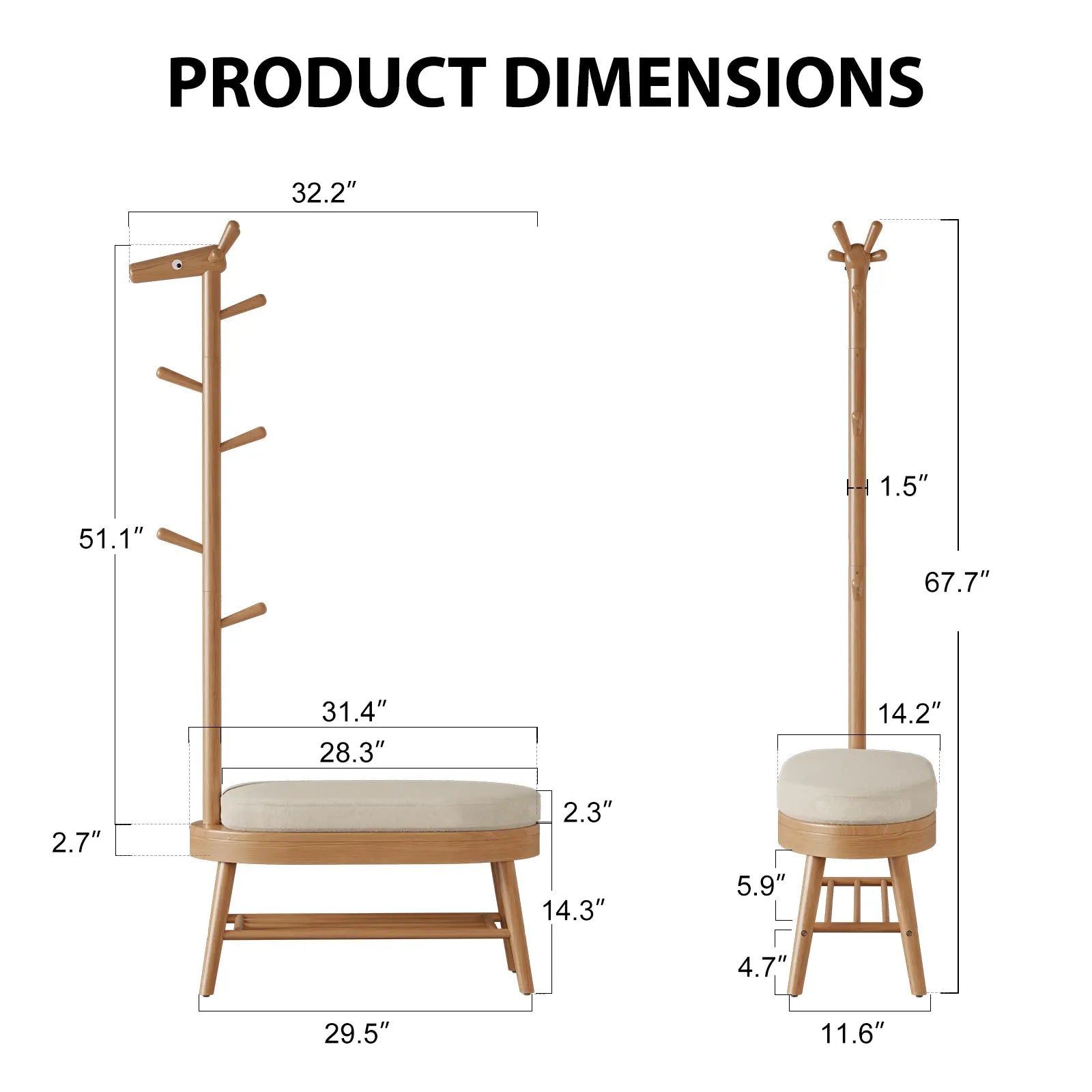 Giraffe Solid Wood Coat Rack & Shoe Bench with Cushion - iKaslandi