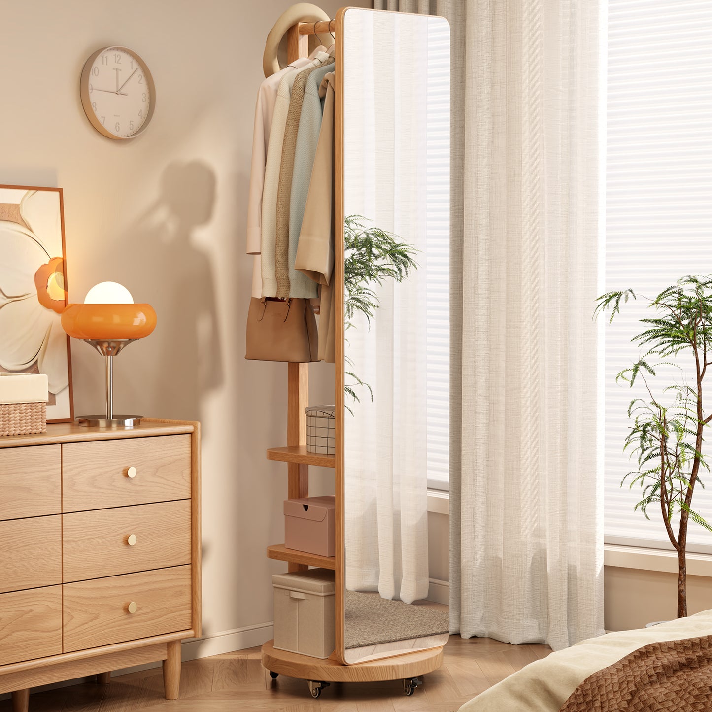 Ceramic Art Piece-2Full Length Mirror with Brake Wheels, 70"x16", Unique Solid Wood Oversized Floor Mirror with Coat Rack, Full Body Mirror for Bedroom, Living Room