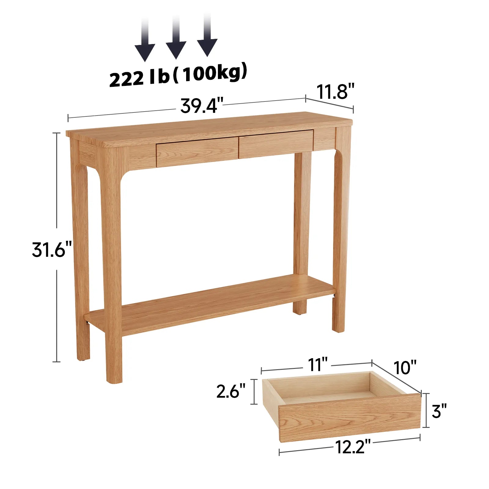 Solid Wood Entryway Console Table with Drawers and Bottom Storage Shelf - Kaslandi Furniture