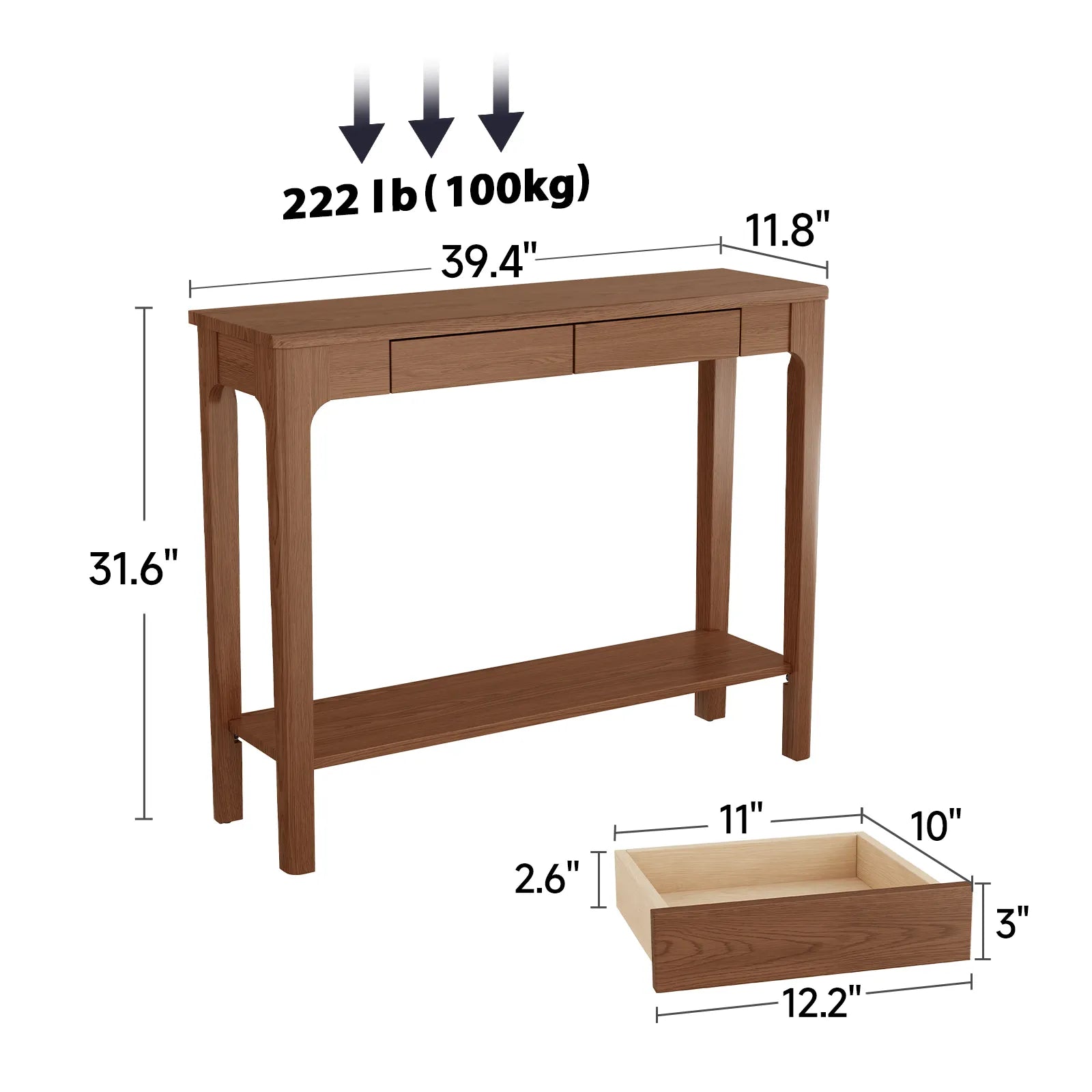 Solid Wood Entryway Console Table with Drawers and Bottom Storage Shelf - Kaslandi Furniture