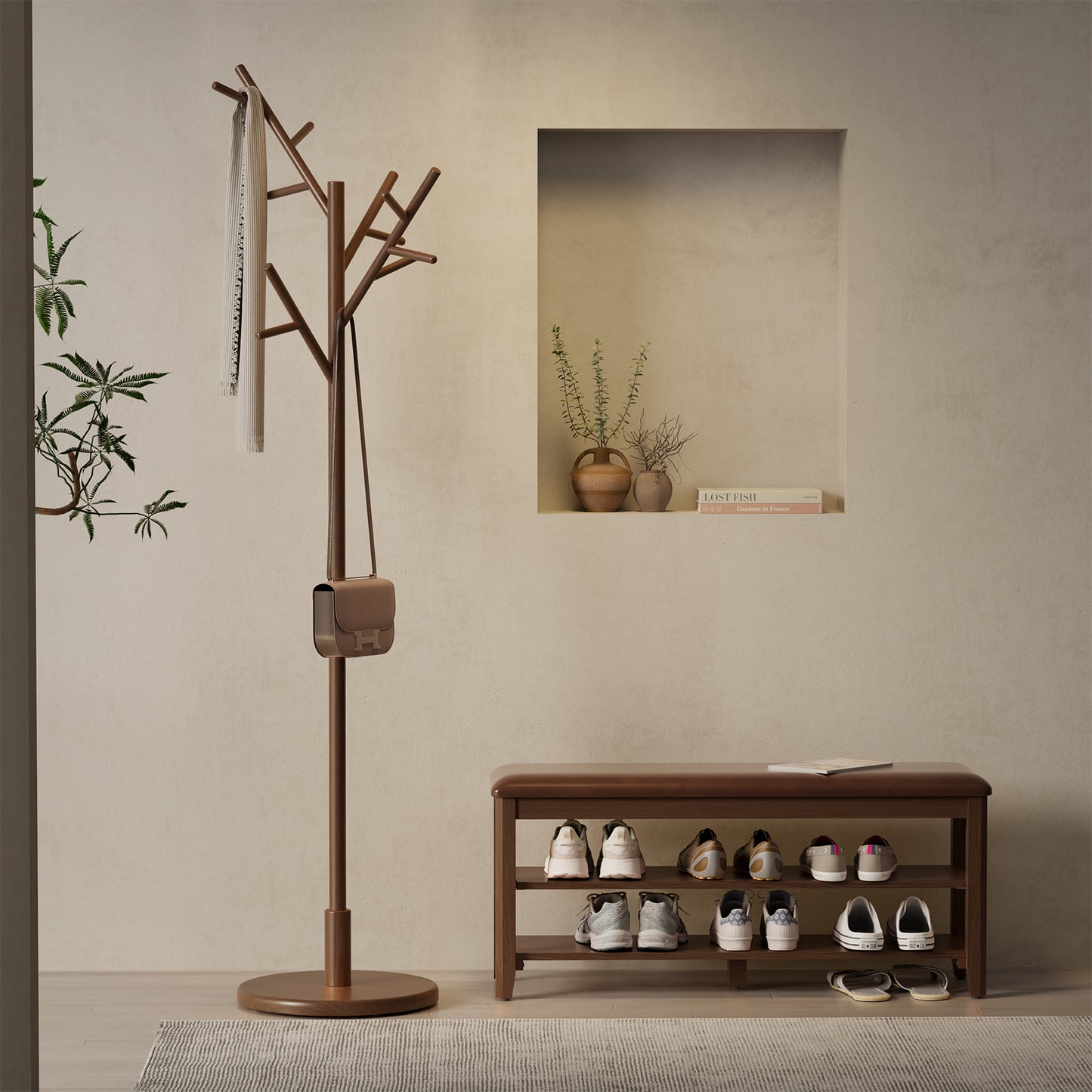Coat Rack,Solid Wood Coat Rack Freestanding with 12 Hooks,Tree-Shaped Coat Rack 3 Adjustable Heights,Coat Tree for Clothes, Hats, Handbags, Coat Rack Stand for Entryway,Bedroom