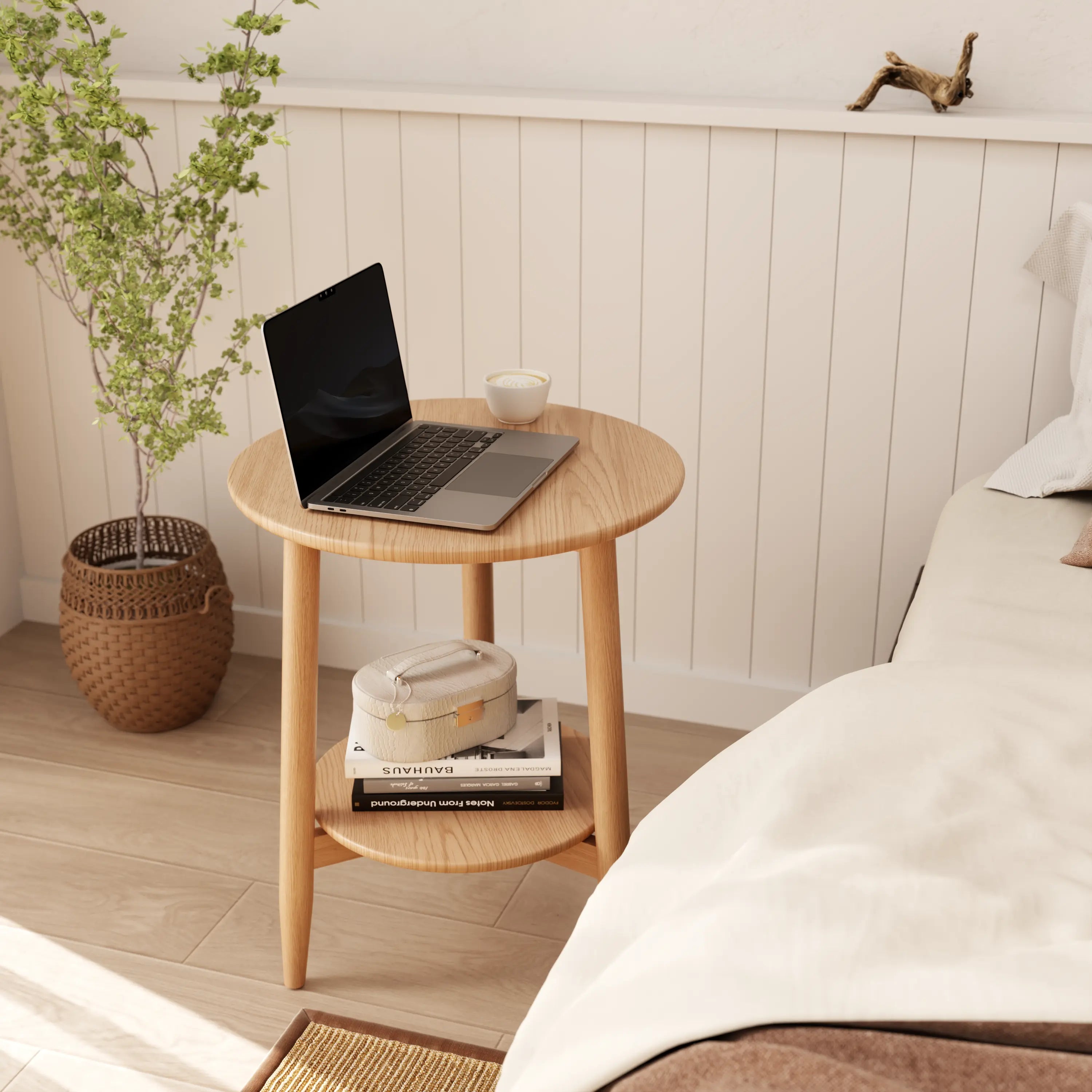 Round Solid Wood Side Table with Storage Shelf