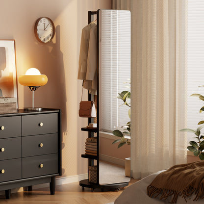 Ceramic Art Piece-2Full Length Mirror with Brake Wheels, 70"x16", Unique Solid Wood Oversized Floor Mirror with Coat Rack, Full Body Mirror for Bedroom, Living Room