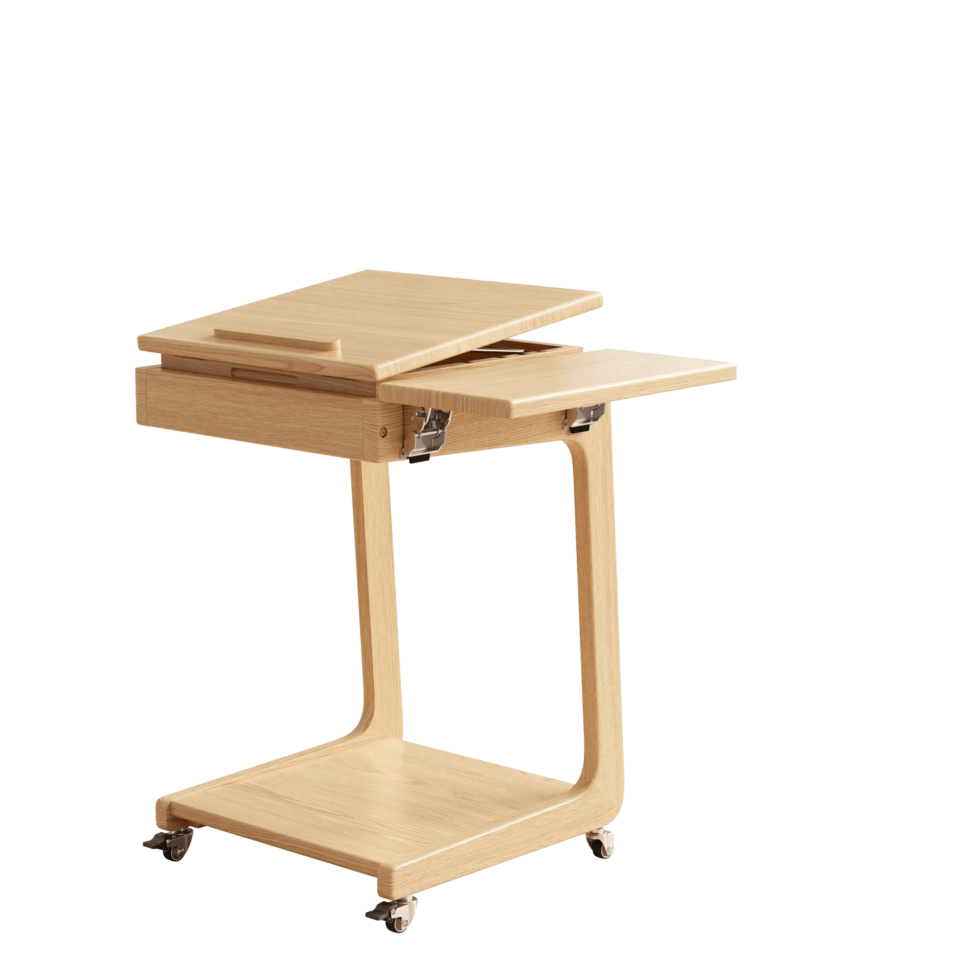 Solid Wood Rolling C - Shaped Side Table with Adjustable Top & Foldable Shelf - Kaslandi Furniture