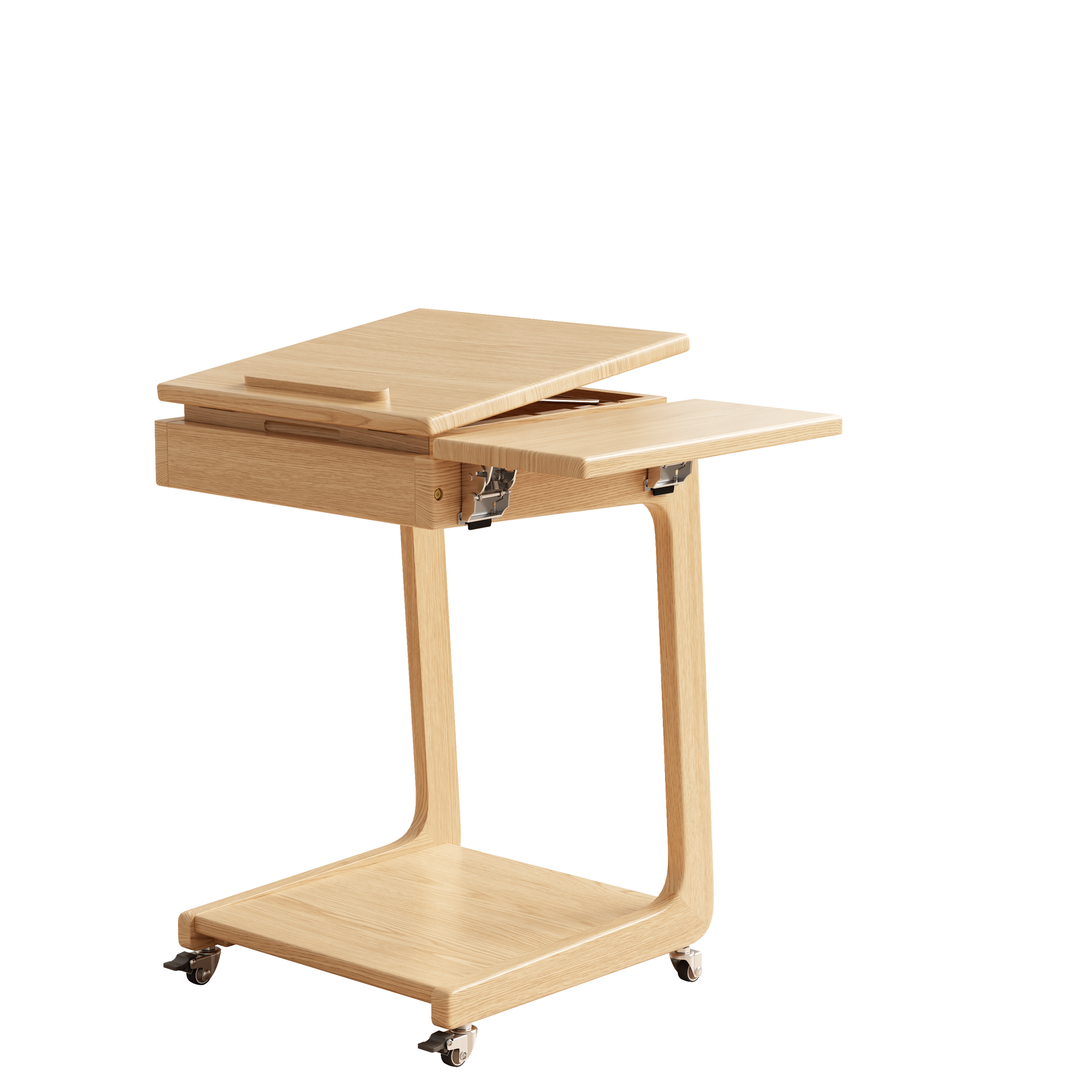 Solid Wood C-Shaped Rolling Side Table – Adjustable with Storage & Folding Shelf