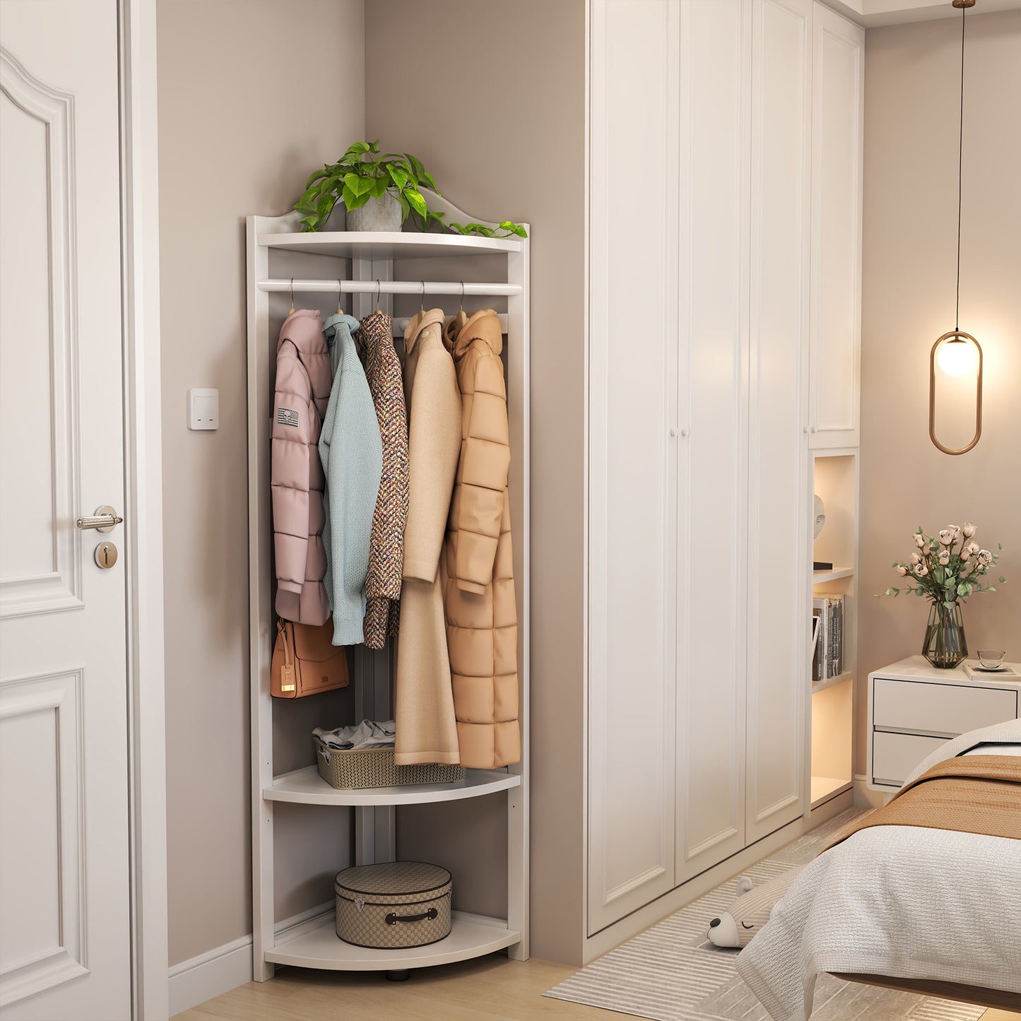 Corner Clothes Rack with Thick Clothes Rod, Wood Corner Hall Tree with Hooks, Clothes Rack Freestanding with Storage Shelf for Entryway Bedroom