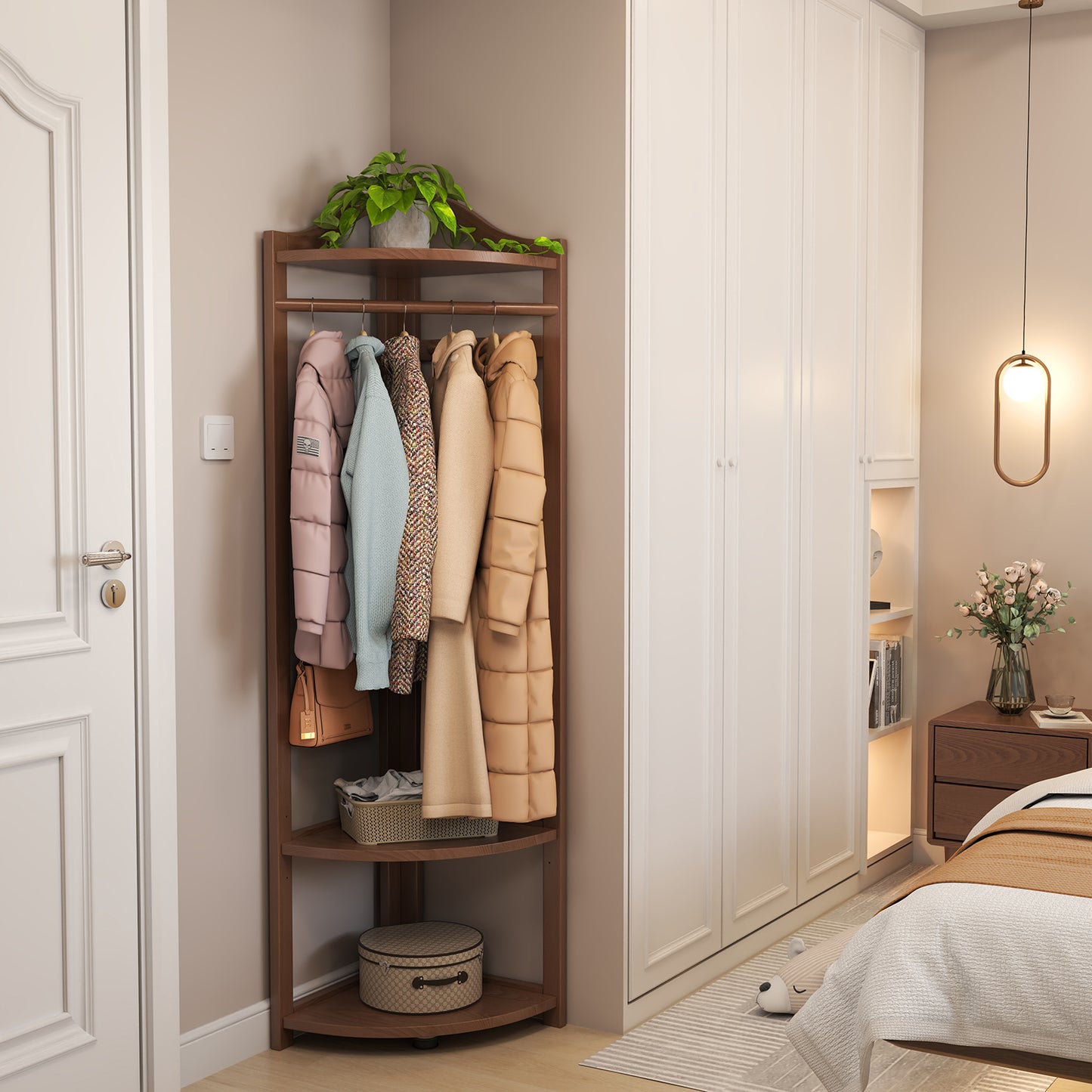 Corner Clothes Rack with Thick Clothes Rod, Wood Corner Hall Tree with Hooks, Clothes Rack Freestanding with Storage Shelf for Entryway Bedroom