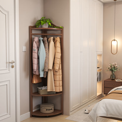 Corner Clothes Rack with Thick Clothes Rod, Wood Corner Hall Tree with Hooks, Clothes Rack Freestanding with Storage Shelf for Entryway Bedroom