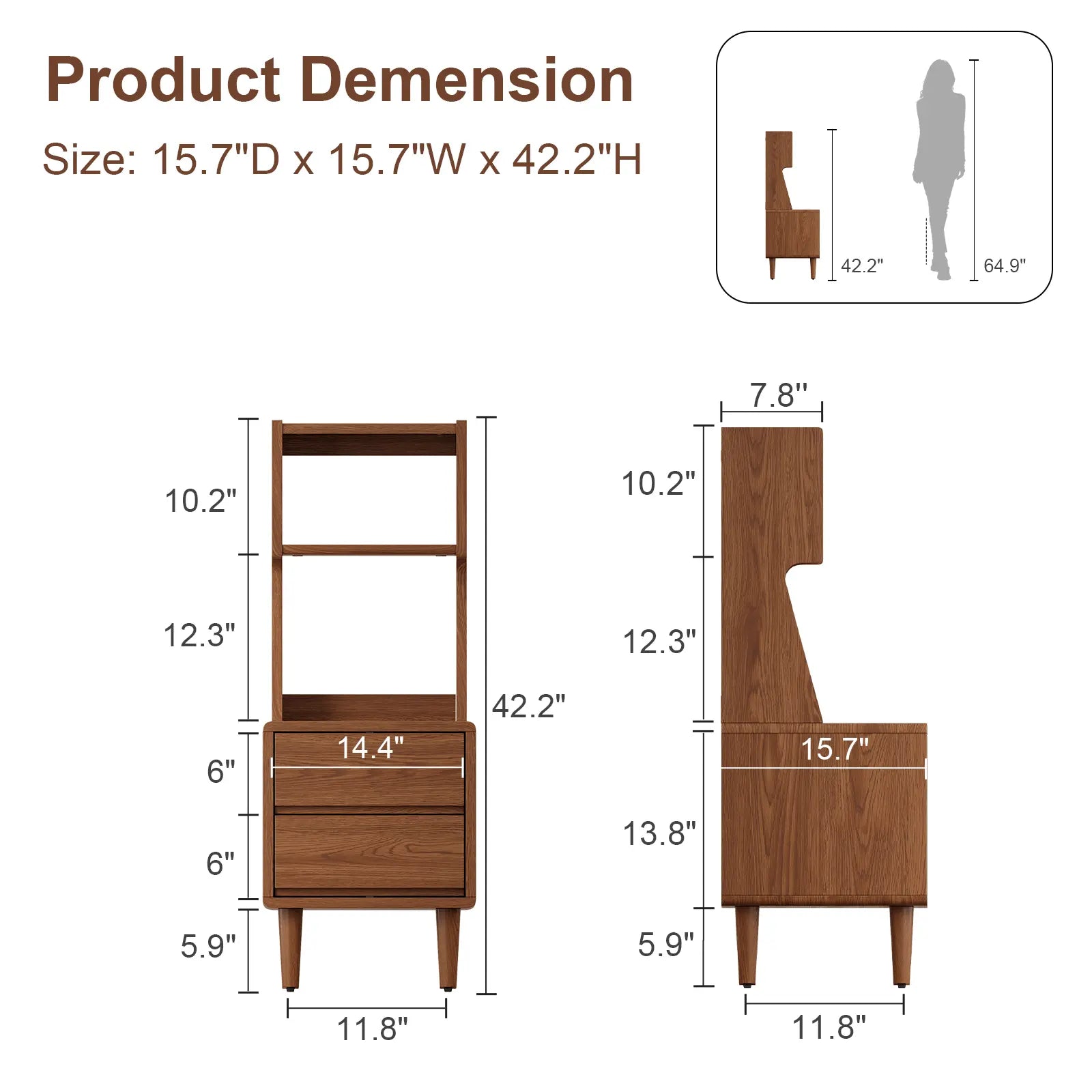 Solid Wood Nightstand with Bookshelf | 2 or 3 Drawer Bedside Table - Kaslandi Furniture