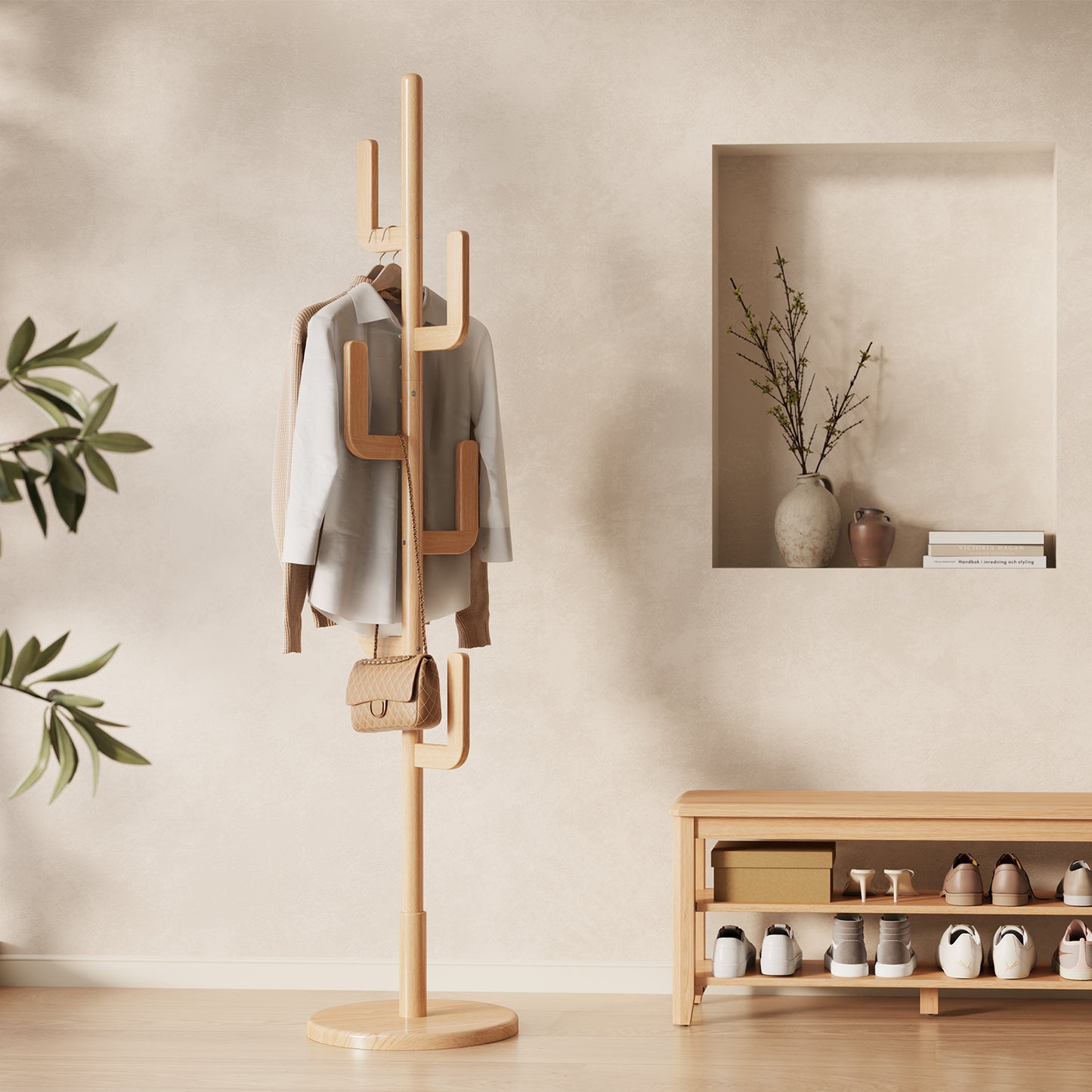 Solid Wood Cactus Coat Rack Stand, Freestanding Coat Rack with 6 L-shaped Hooks and 3 Adjustable Sizes, Sturdy and Easy to Assemble Coat Tree for Entryway, Bedroom